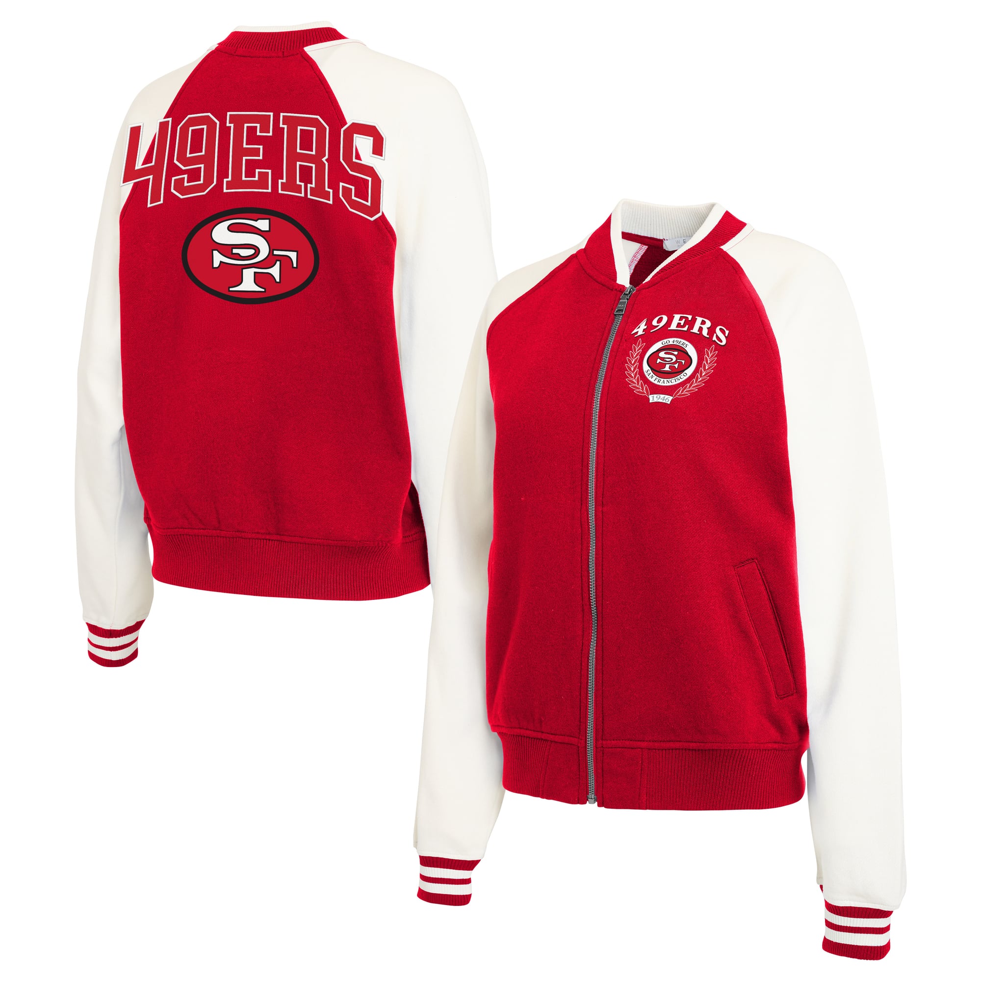 Women's WEAR by Erin Andrews Scarlet/White San Francisco 49ers Throwback Plus Fleece Varsity Full-Zip Jacket
