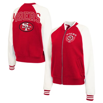 San Francisco 49ers WEAR by Erin Andrews Women's Throwback Plus Size Fleece Varsity Full-Zip Jacket - Scarlet/White