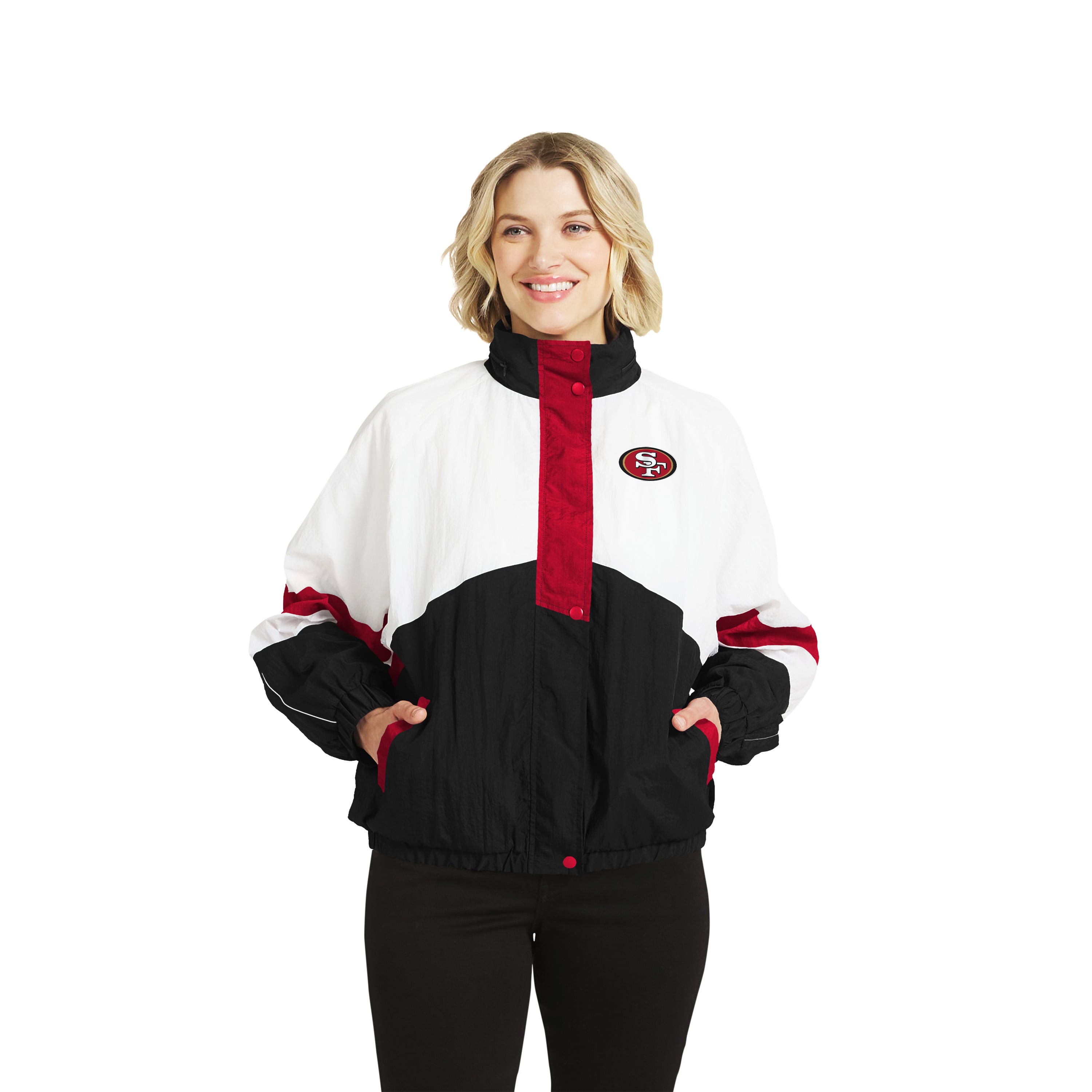 Women's WEAR by Erin Andrews White/Black San Francisco 49ers Crinkle Full-Snap Hooded Windbreaker Jacket