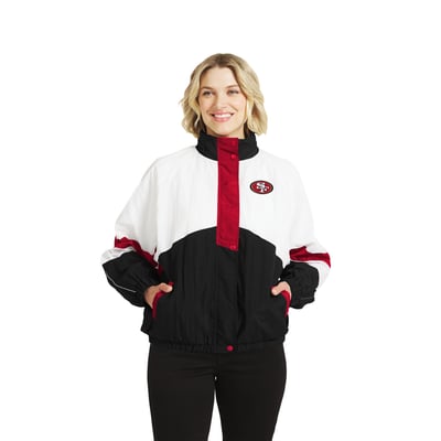 San Francisco 49ers WEAR by Erin Andrews Women's Crinkle Full-Zip Hooded Windbreaker Jacket - White/Black