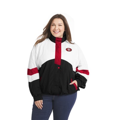  San Francisco 49ers WEAR by Erin Andrews Women's Plus Size Crinkle Full-Snap Hooded Windbreaker - White/Black
