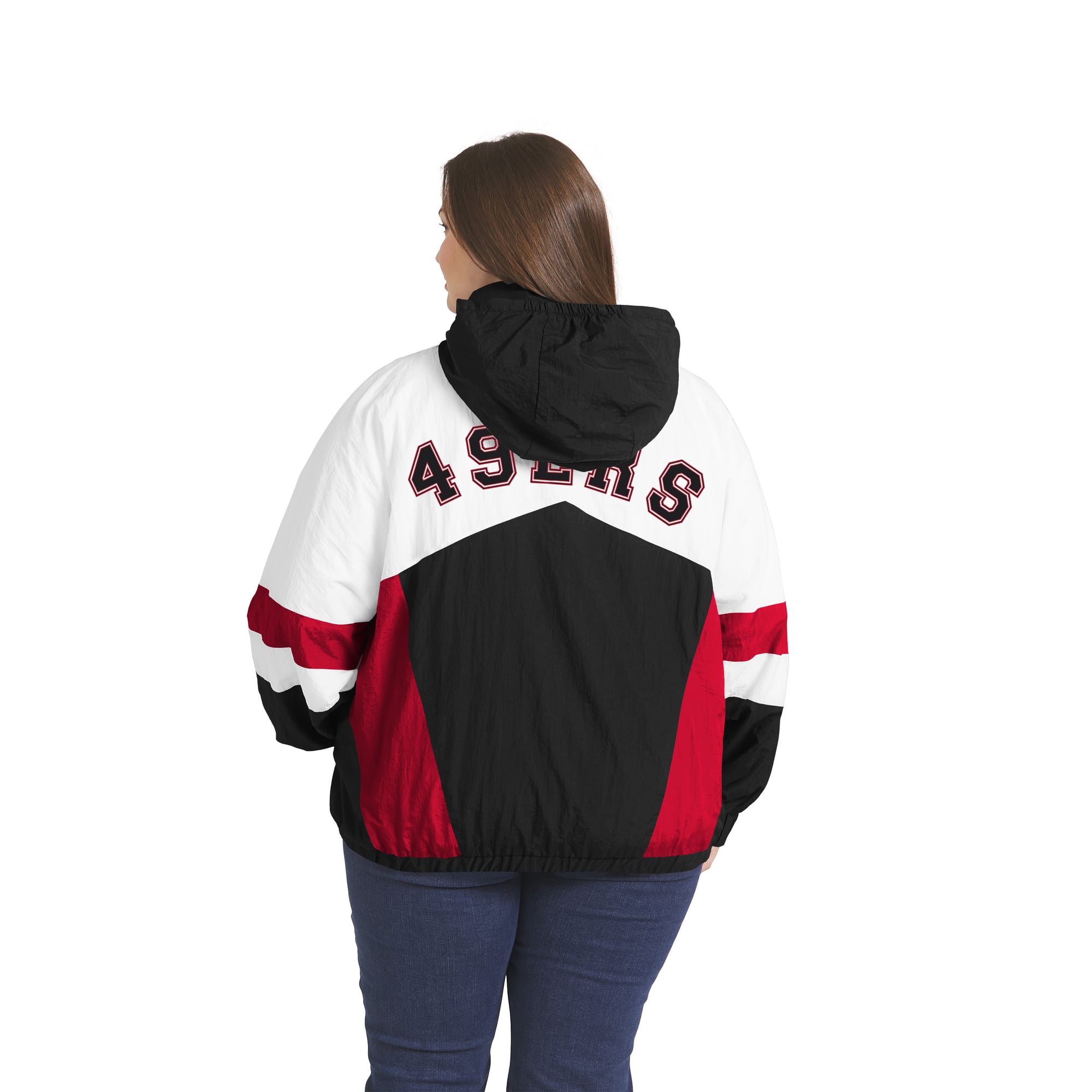 Women's WEAR by Erin Andrews  White/Black San Francisco 49ers Plus Crinkle Full-Zip Hooded Windbreaker