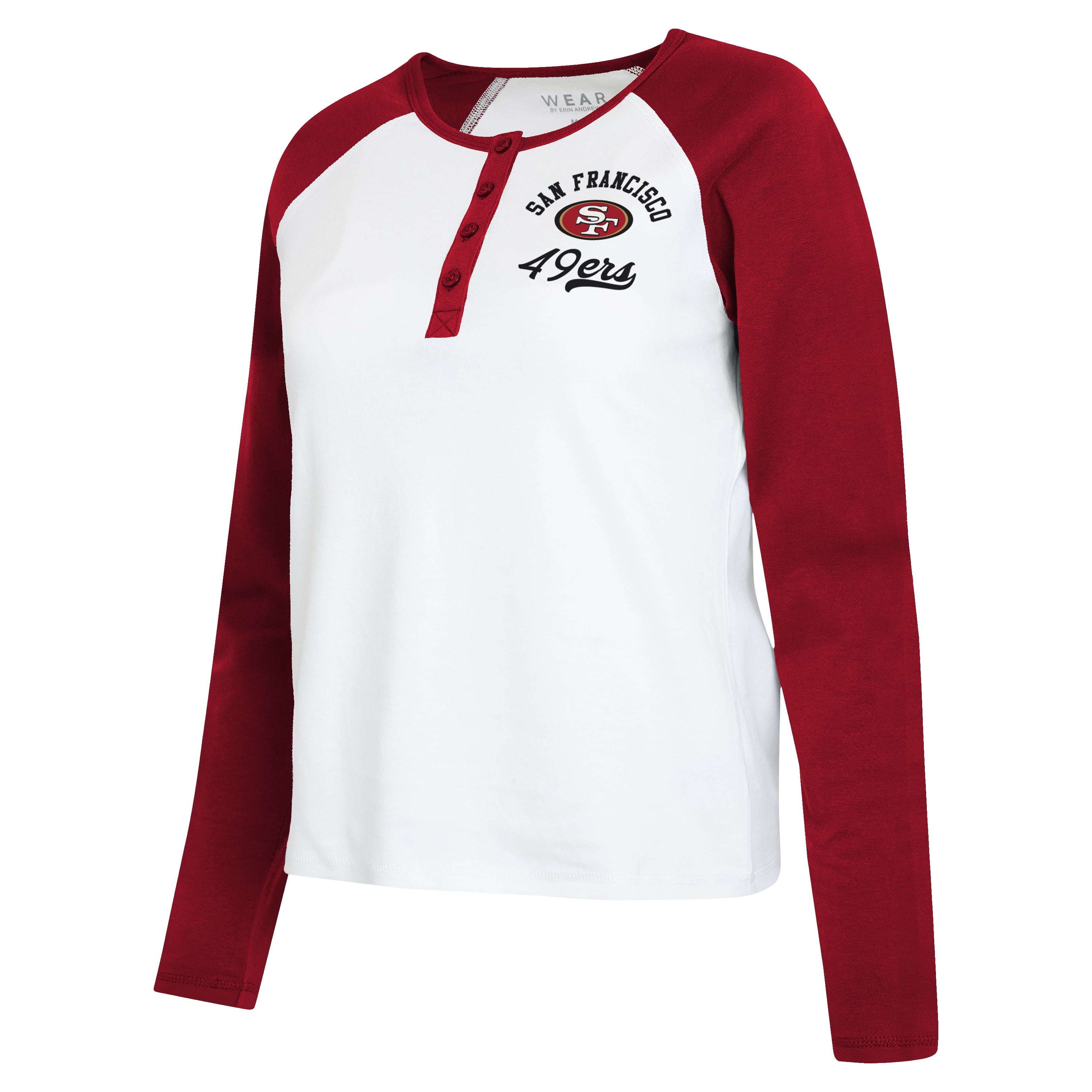 T-shirt raglan à manches longues Henley blanc/écarlate des 49ers de San Francisco, la marque WEAR by Erin Andrews, pour femmes.