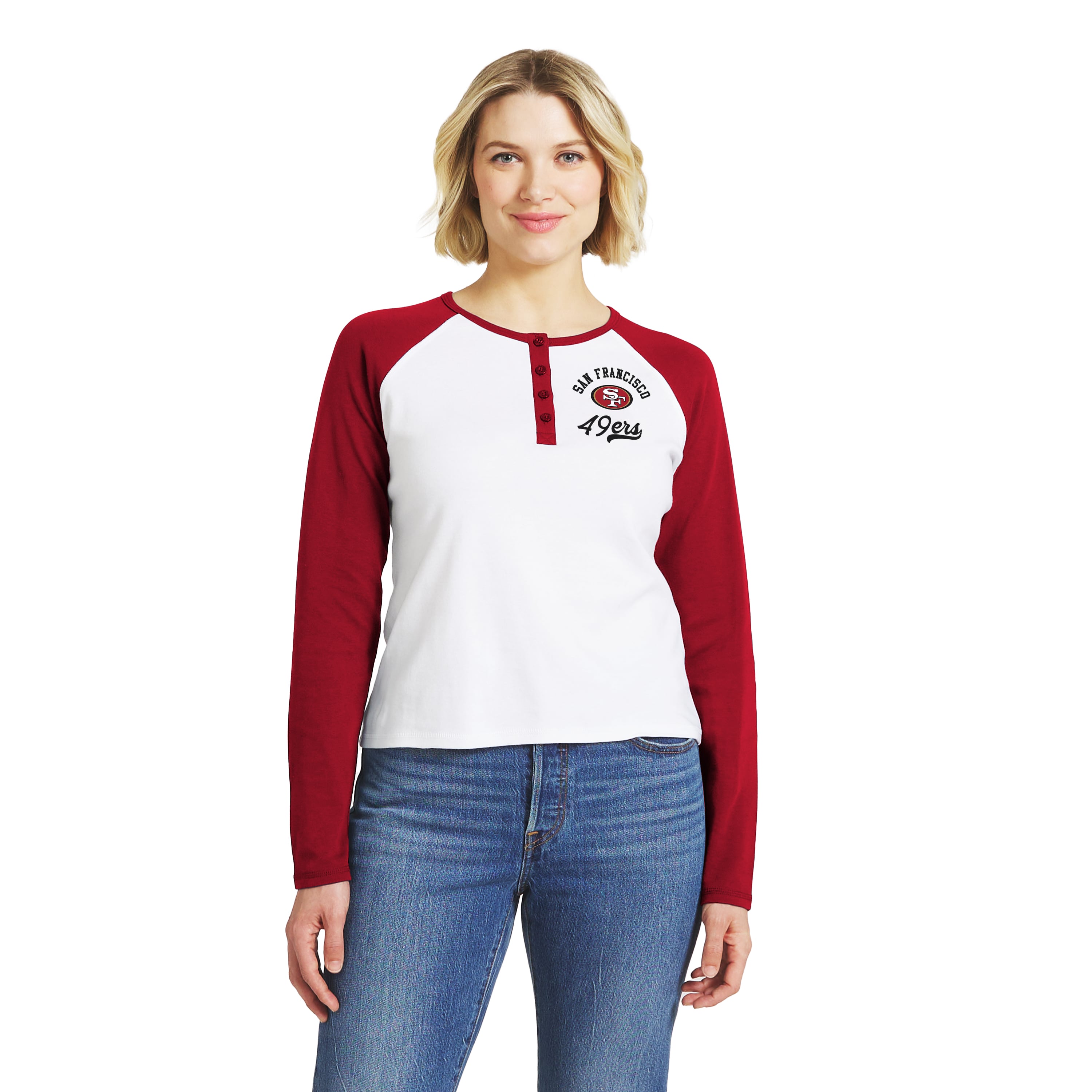 T-shirt raglan à manches longues Henley blanc/écarlate des 49ers de San Francisco, la marque WEAR by Erin Andrews, pour femmes.