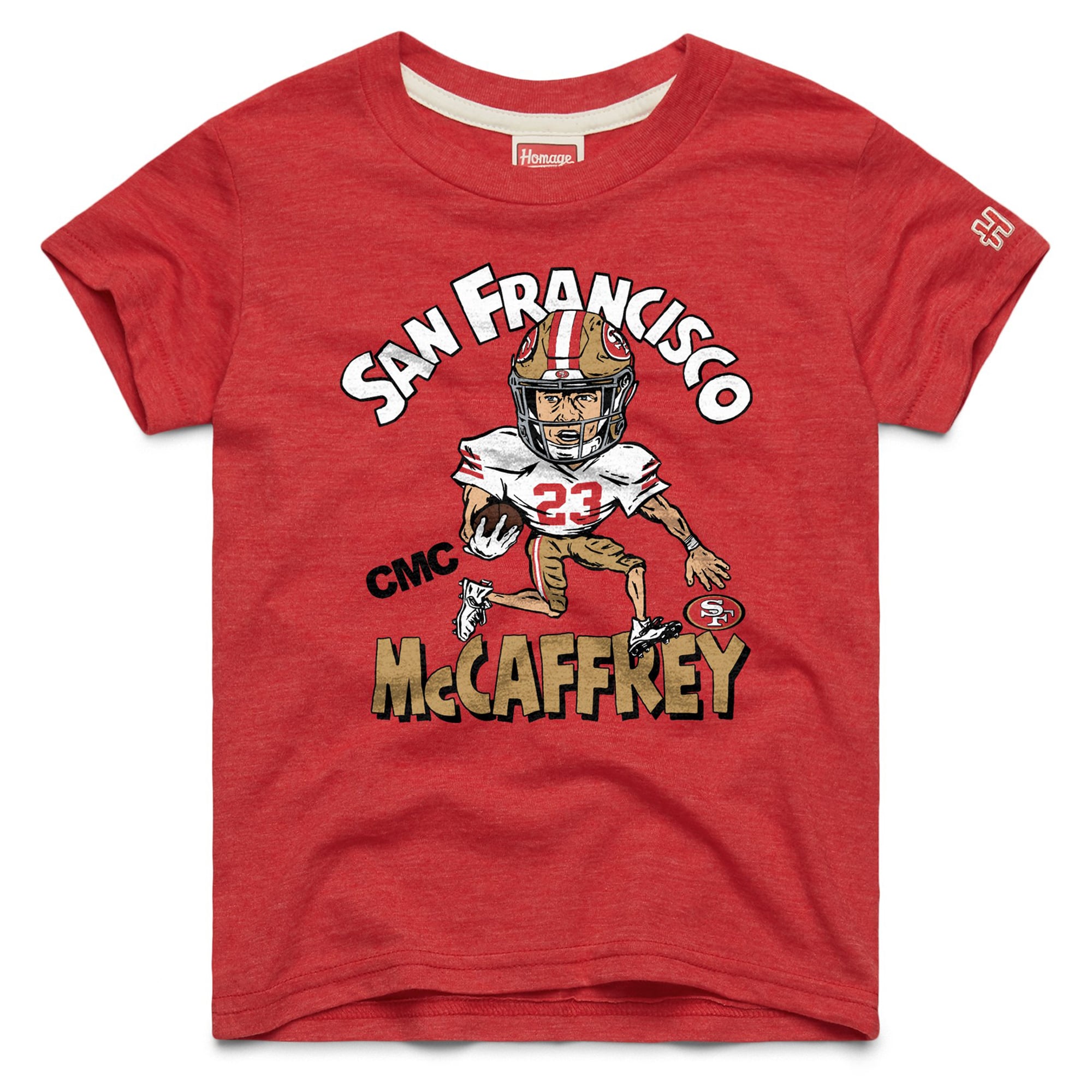 T-shirt caricature de Christian McCaffrey, joueur écarlate des 49ers San Francisco, pour les jeunes