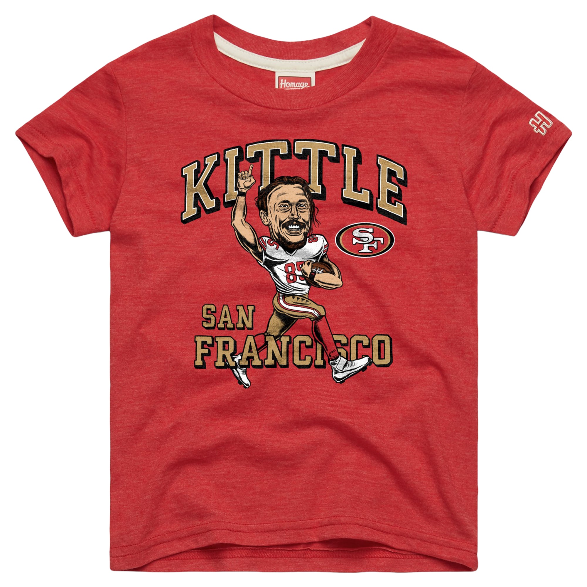 T-shirt caricature écarlate des 49ers de San Francisco, hommage à George Kittle, pour les jeunes