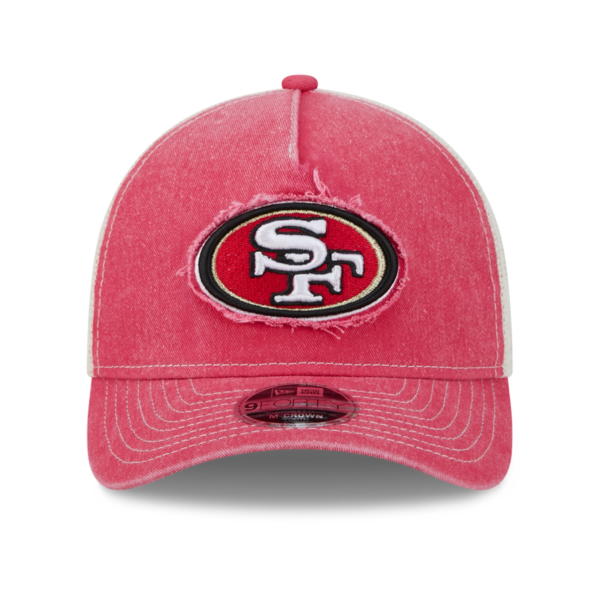 Casquette trucker ajustable New Era Scarlet San Francisco 49ers pour jeunes, modèle 9FORTY A-Frame M-Crown, pour les fans des 49ers de San Francisco.