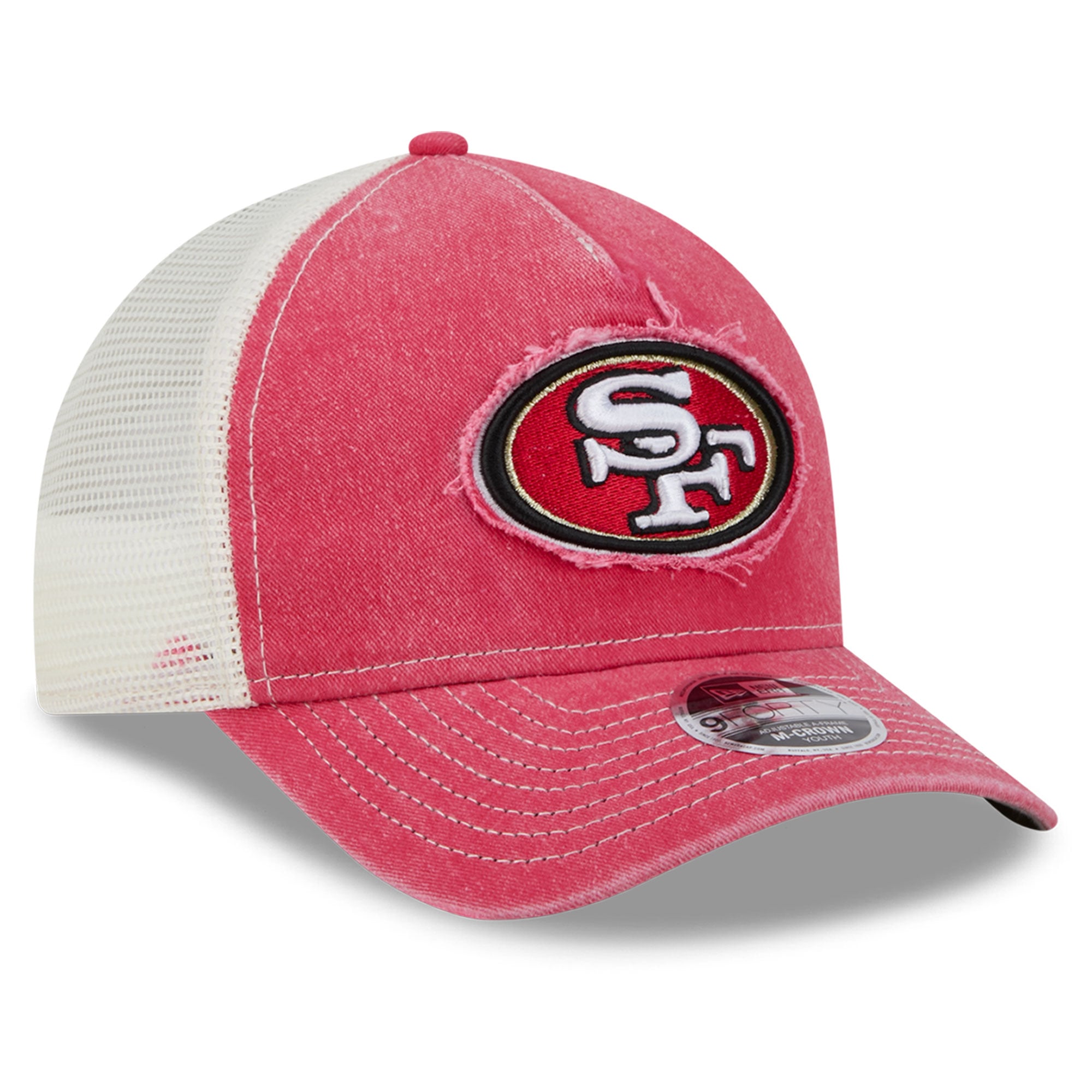 Casquette trucker ajustable New Era Scarlet San Francisco 49ers pour jeunes, modèle 9FORTY A-Frame M-Crown, pour les fans des 49ers de San Francisco.