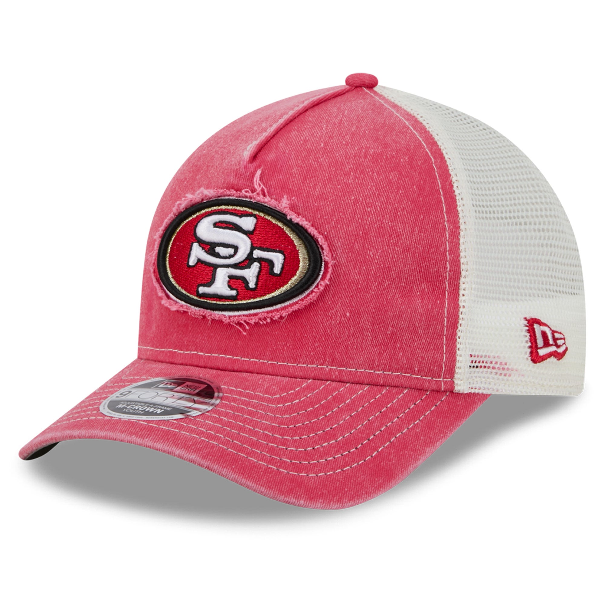 Casquette trucker ajustable New Era Scarlet San Francisco 49ers pour jeunes, modèle 9FORTY A-Frame M-Crown, pour les fans des 49ers de San Francisco.