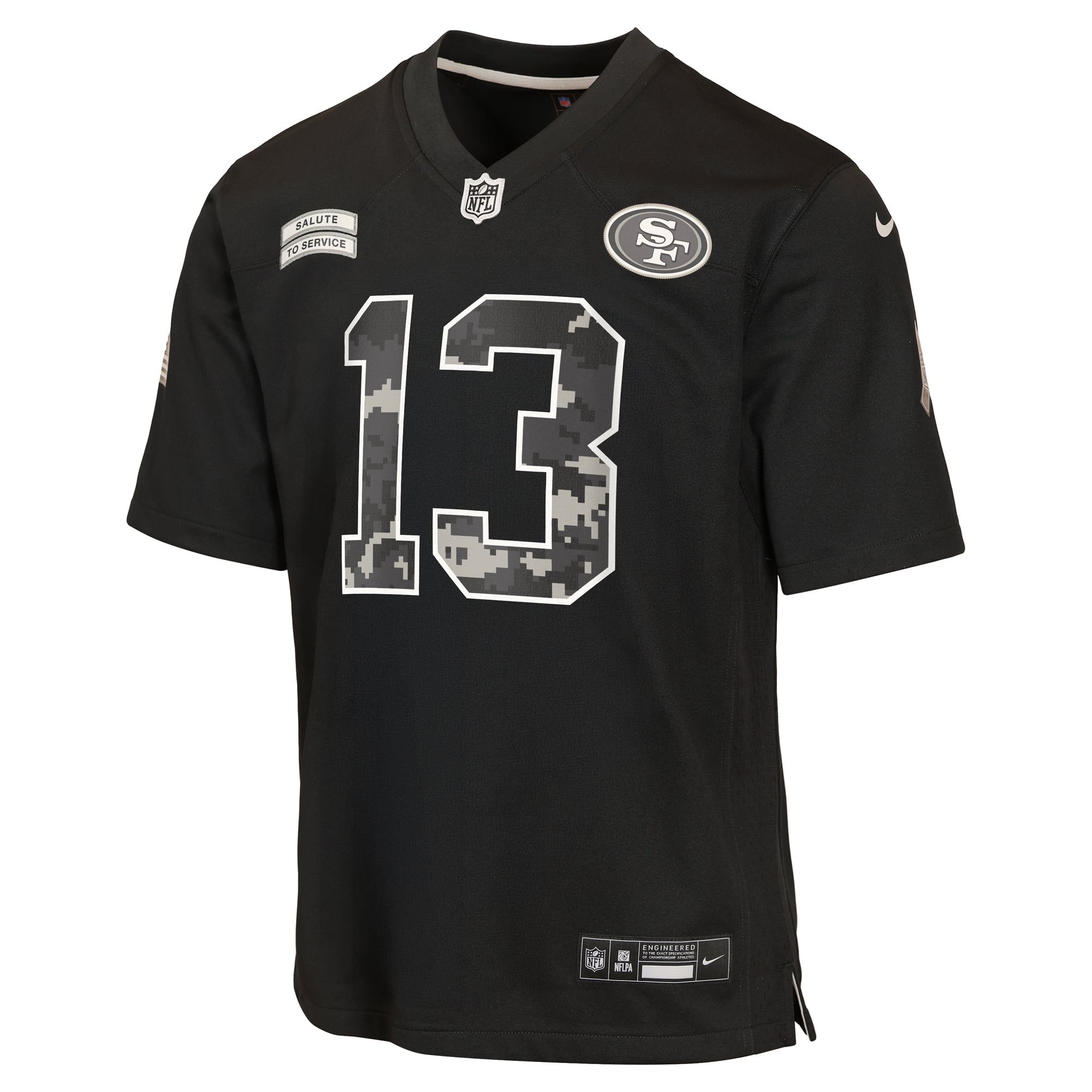 Maillot Nike Brock Purdy noir pour enfant, San Francisco 49ers, édition spéciale 2026 « Salute to Service ».