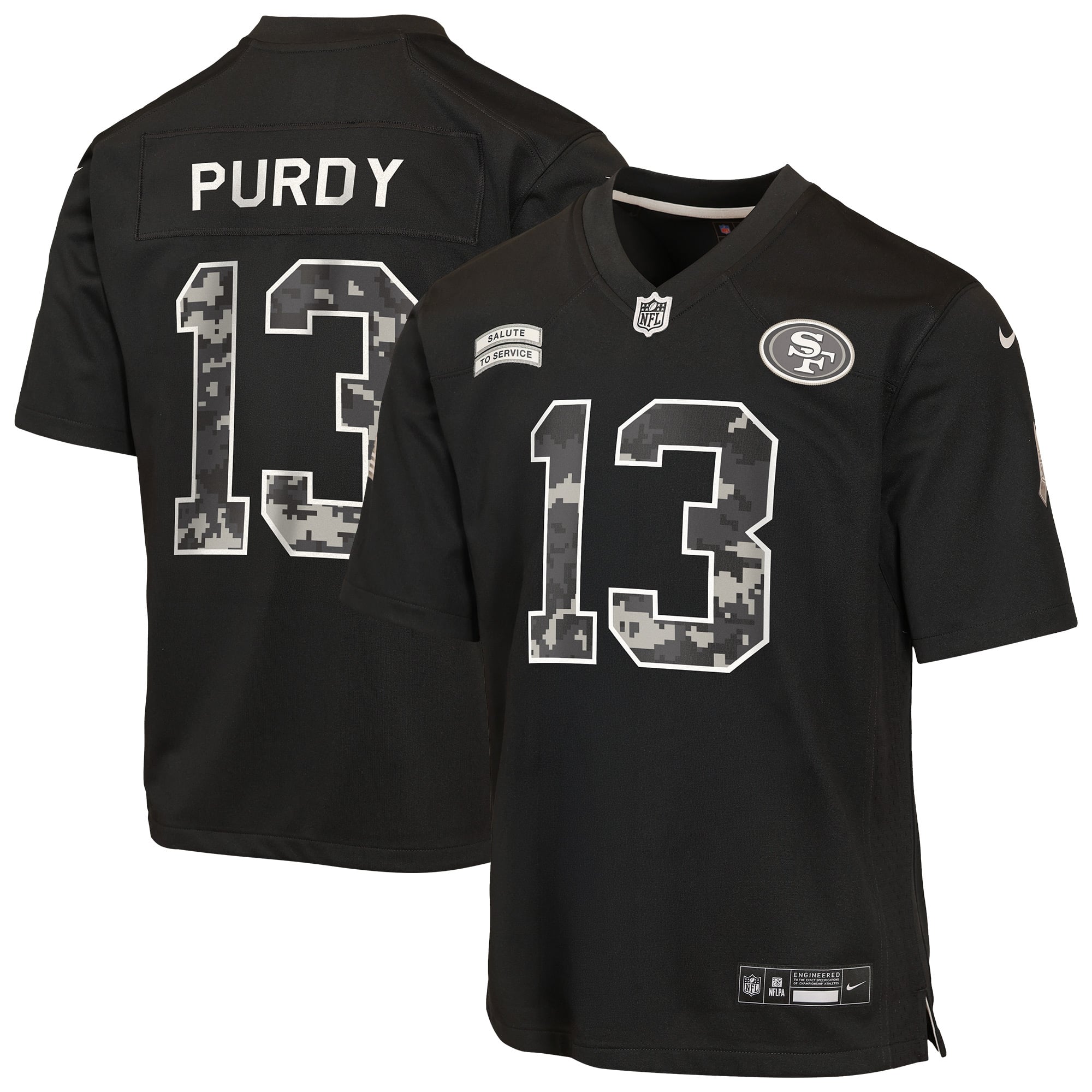Maillot Nike Brock Purdy noir pour enfant, San Francisco 49ers, édition spéciale 2026 « Salute to Service ».