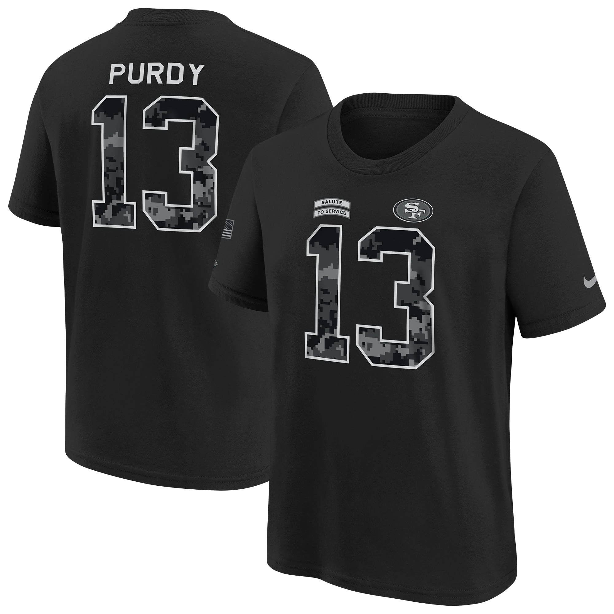 T-shirt Nike Brock Purdy noir pour enfant, San Francisco 49ers 2026, hommage au service militaire, nom et numéro