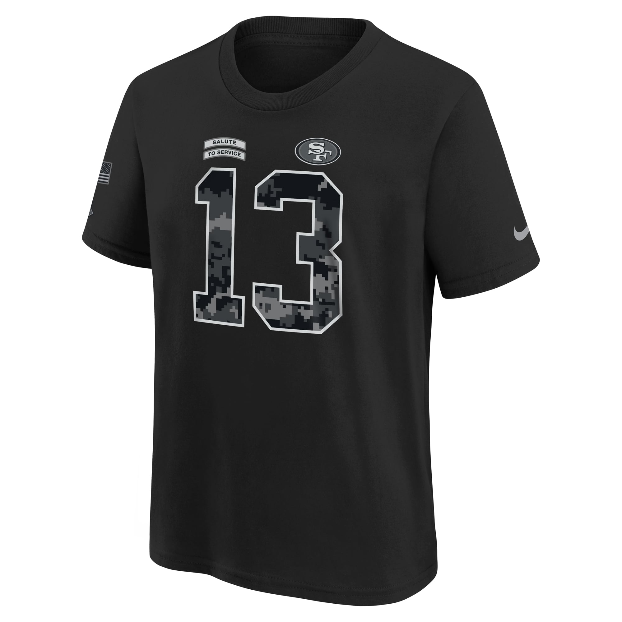 T-shirt Nike Brock Purdy noir pour enfant, San Francisco 49ers 2026, hommage au service militaire, nom et numéro