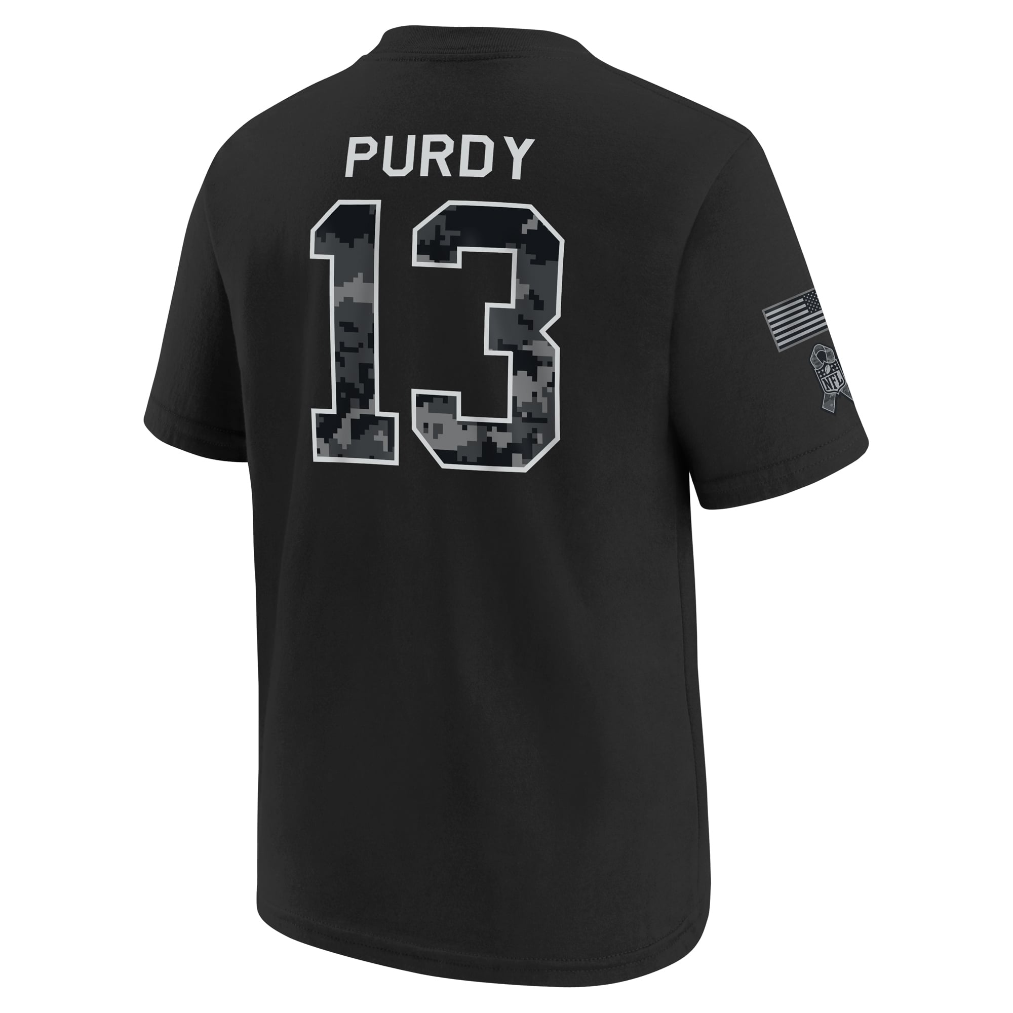 T-shirt Nike Brock Purdy noir pour enfant, San Francisco 49ers 2026, hommage au service militaire, nom et numéro