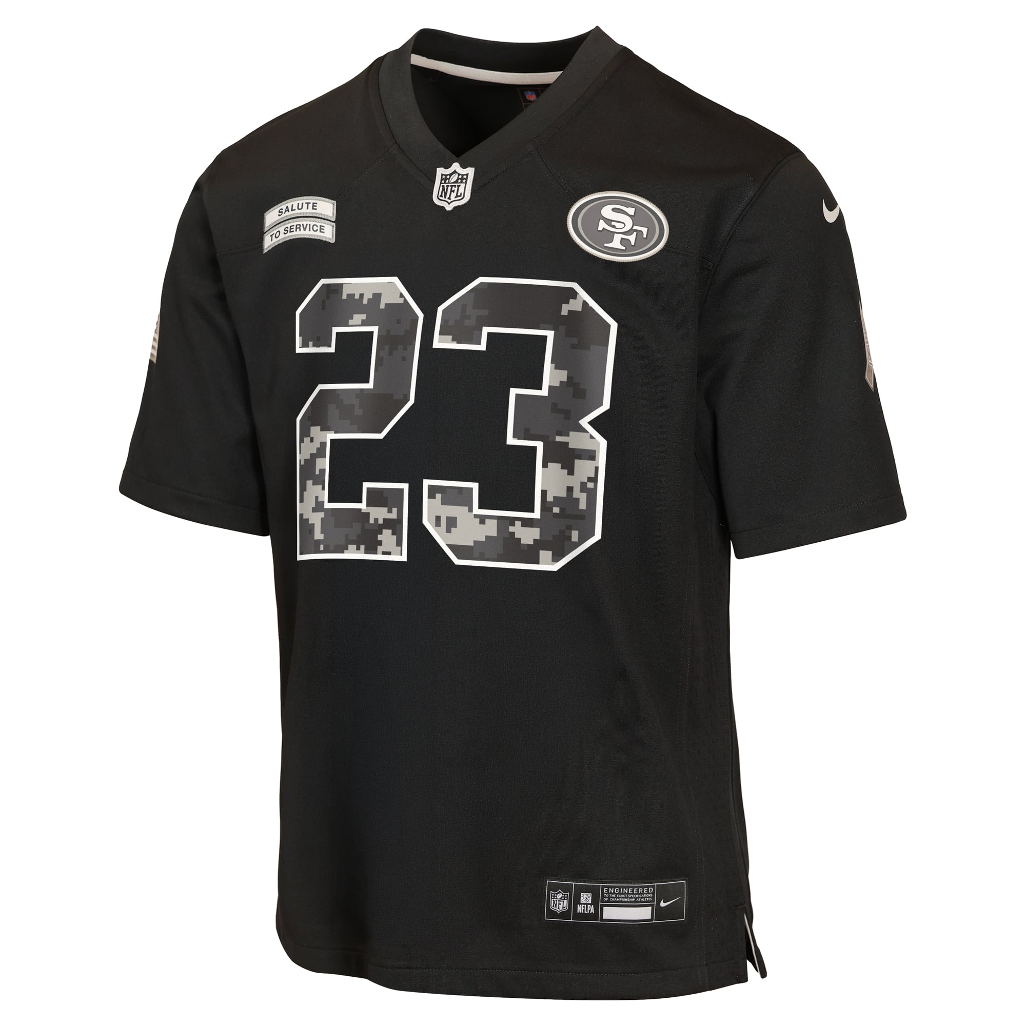 Maillot Nike Christian McCaffrey noir pour enfant, San Francisco 49ers, édition spéciale 2026 « Salute to Service ».