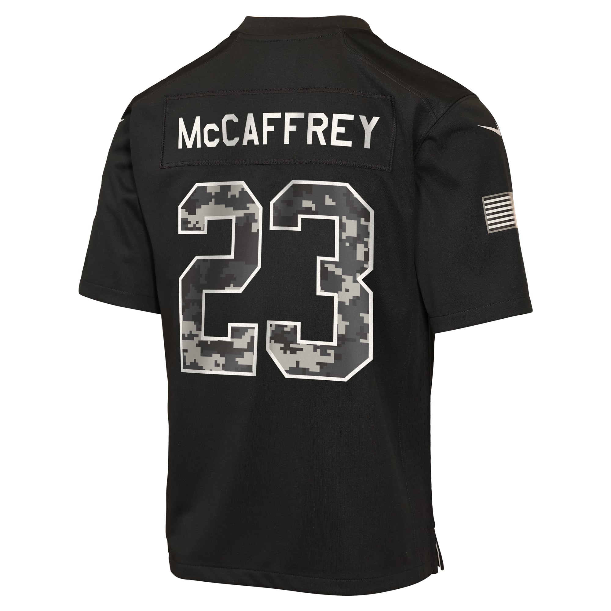 Maillot Nike Christian McCaffrey noir pour enfant, San Francisco 49ers, édition spéciale 2026 « Salute to Service ».