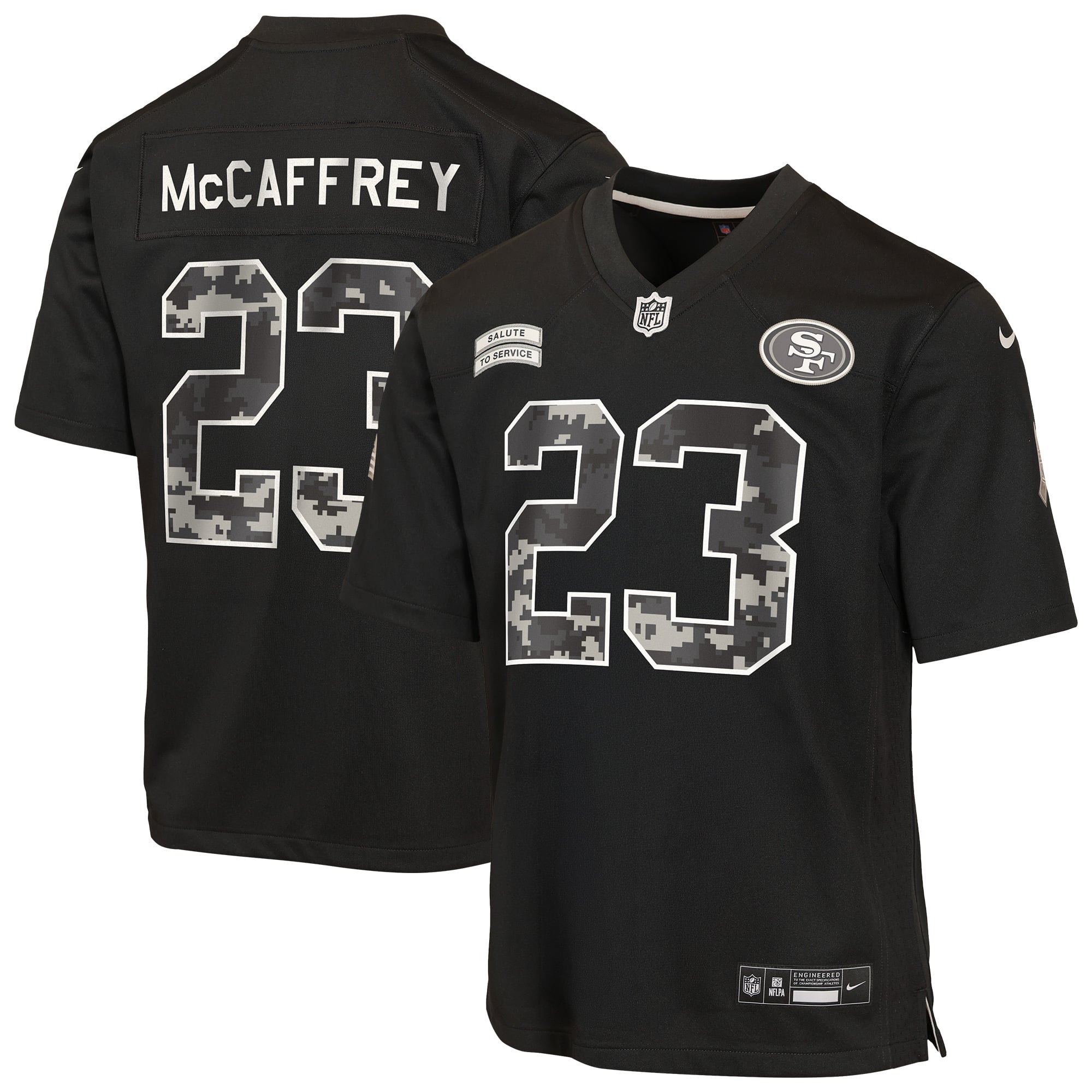 Maillot Nike Christian McCaffrey noir pour enfant, San Francisco 49ers, édition spéciale 2026 « Salute to Service ».