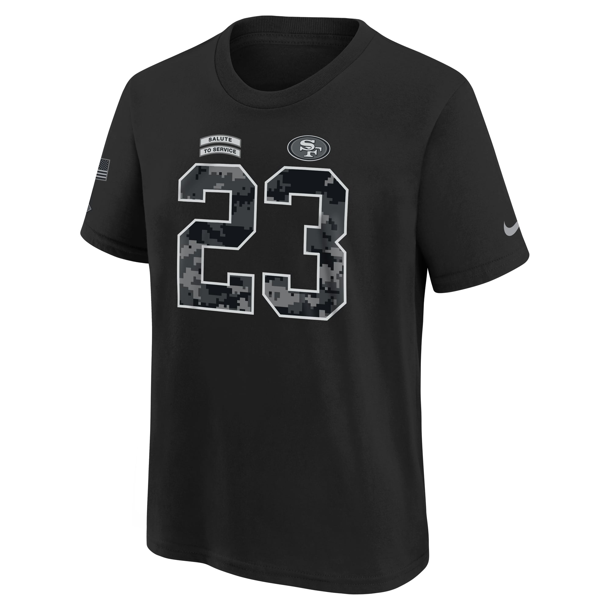 T-shirt Nike pour enfant Christian McCaffrey noir des 49ers de San Francisco 2026, hommage au service militaire, avec nom et numéro