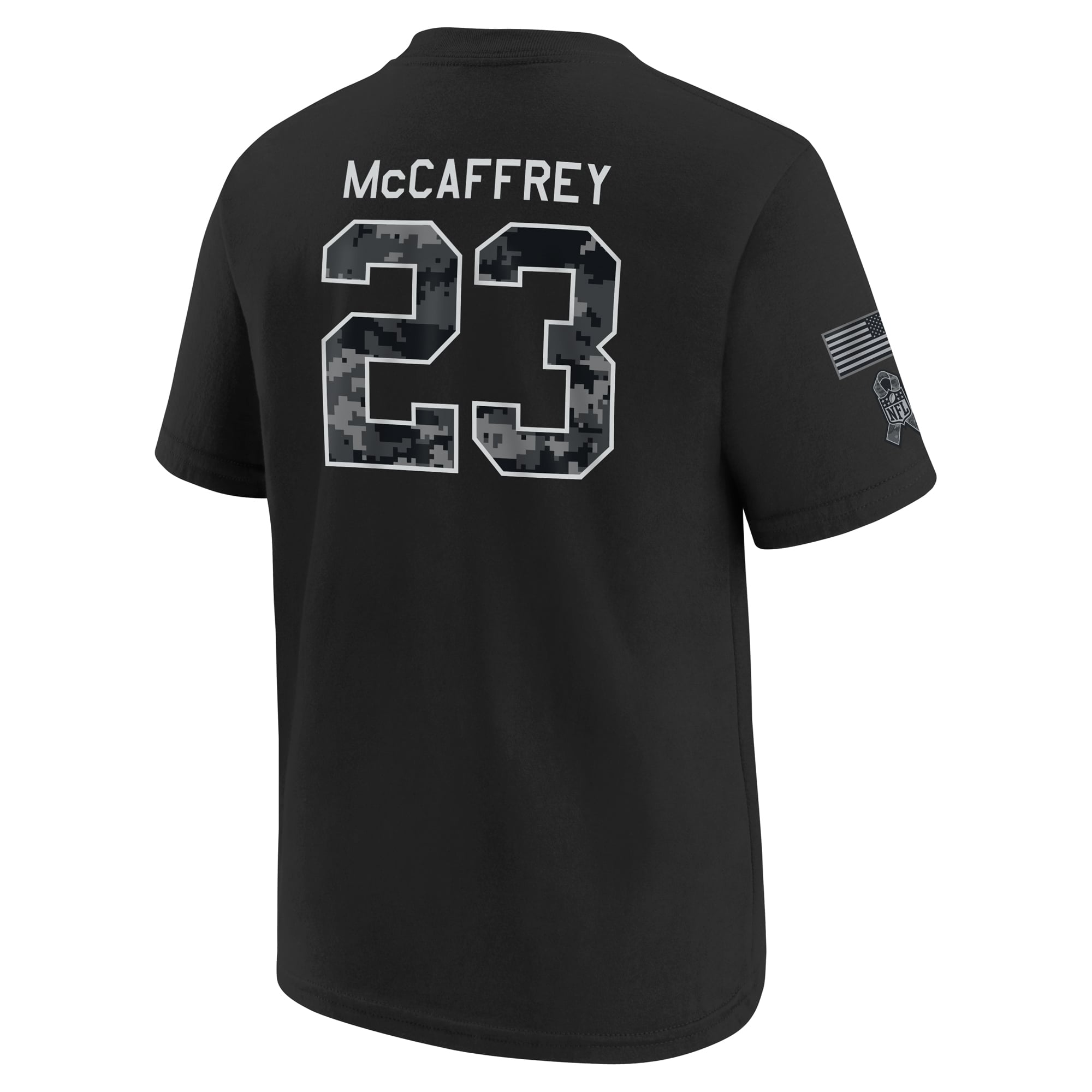 T-shirt Nike pour enfant Christian McCaffrey noir des 49ers de San Francisco 2026, hommage au service militaire, avec nom et numéro