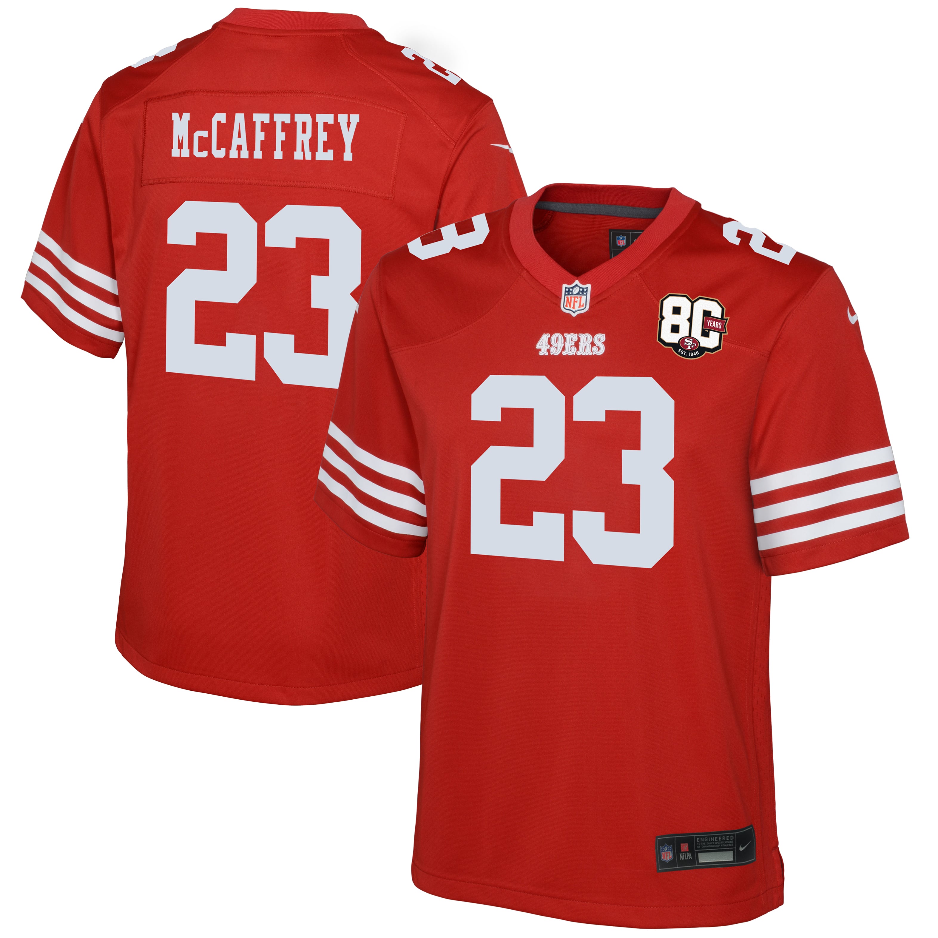 Youth Nike Christian McCaffrey Scarlet San Francisco 49ers 80th Anniversary Game Jersey