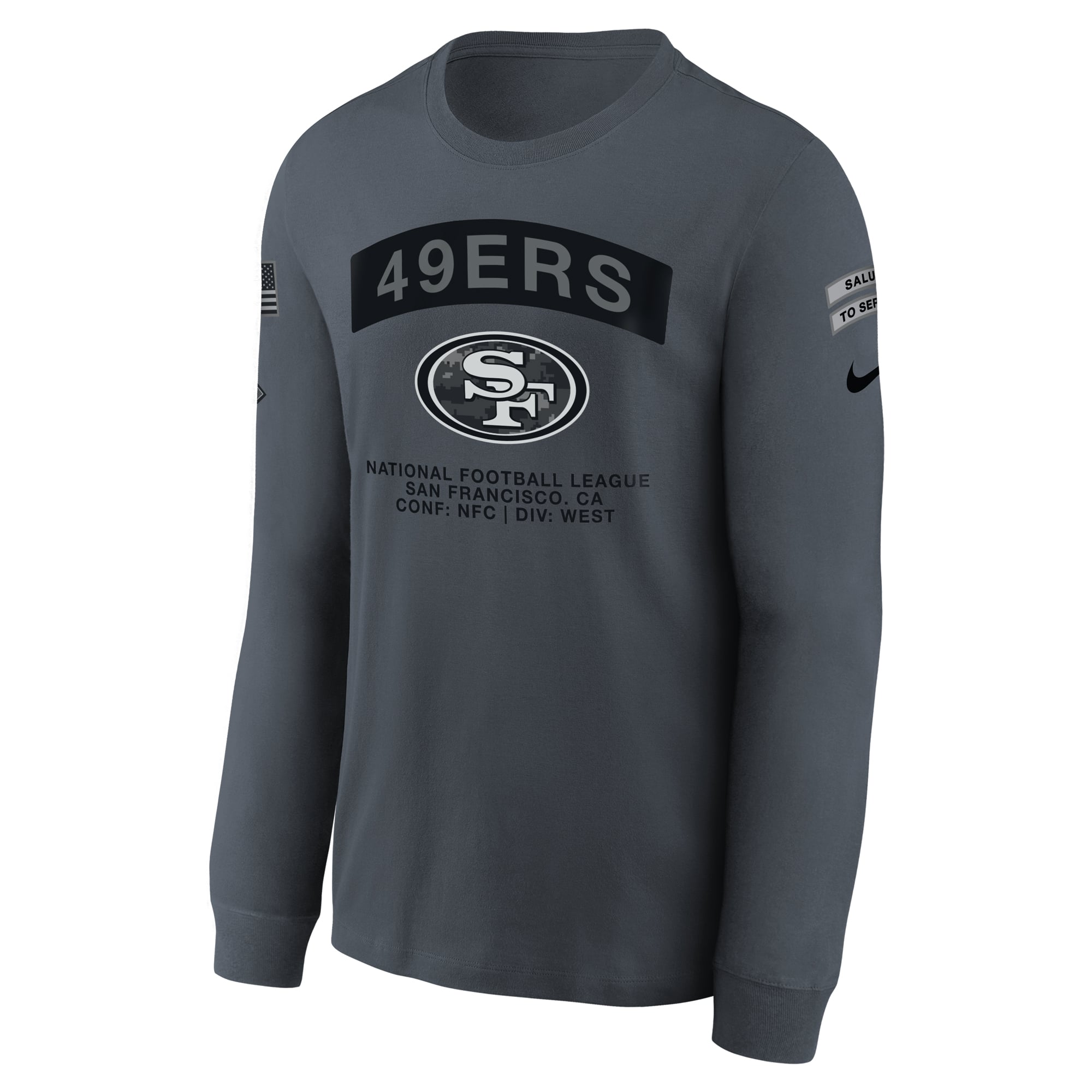 T-shirt à manches longues Nike gris pour jeunes, San Francisco 49ers 2026 Salute to Service, édition limitée.