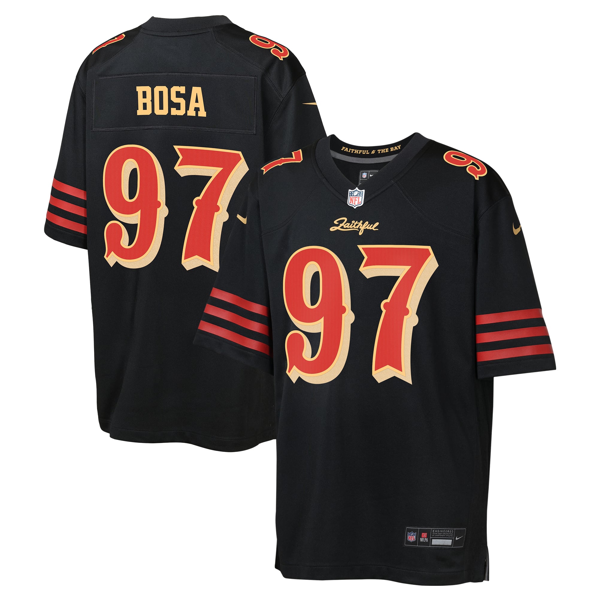 Maillot de match Nike Nick Bosa noir la collection Rivalries des 49ers San Francisco pour jeunes