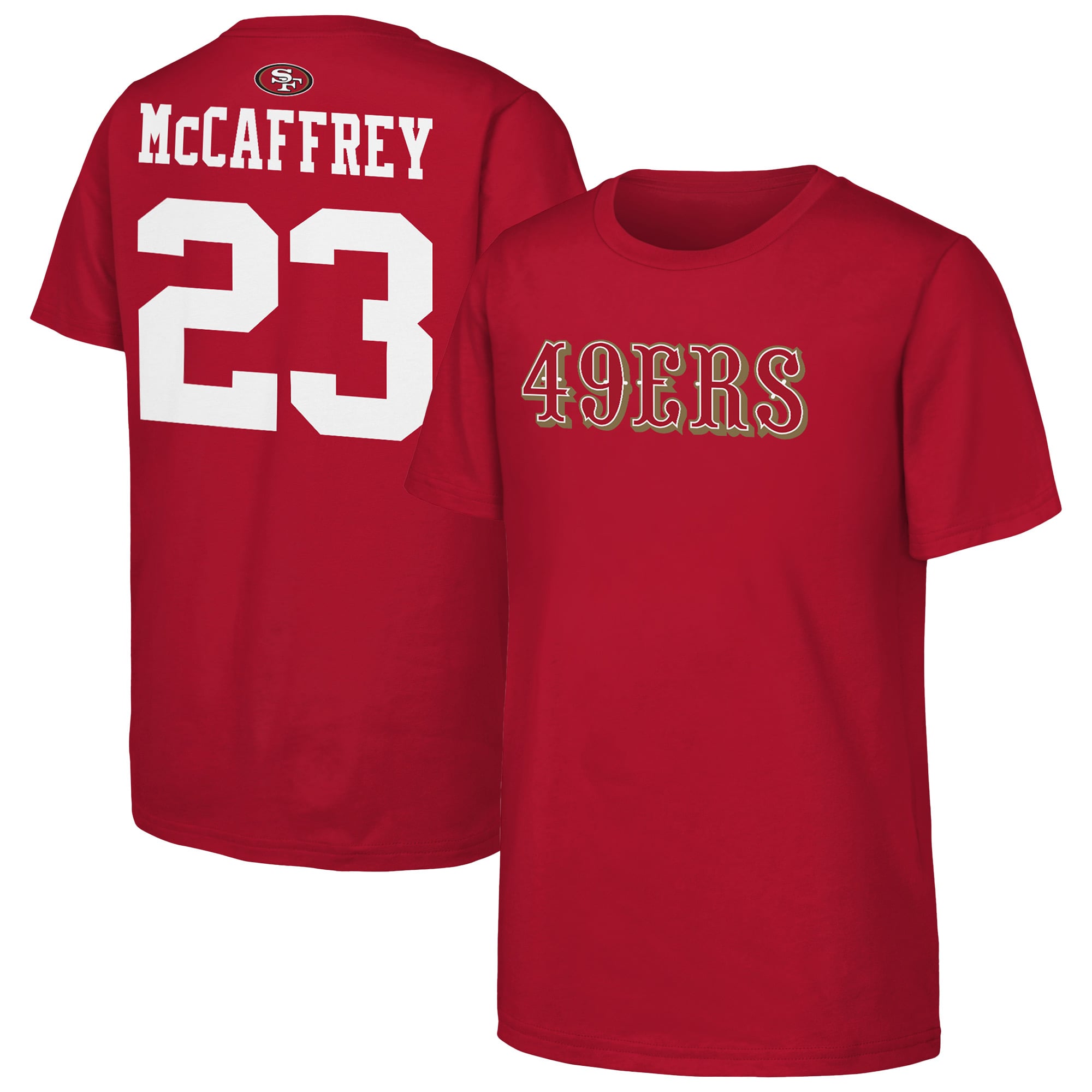 T-shirt Outerstuff pour jeunes, Christian McCaffrey, rouge écarlate, San Francisco 49ers, avec nom et numéro