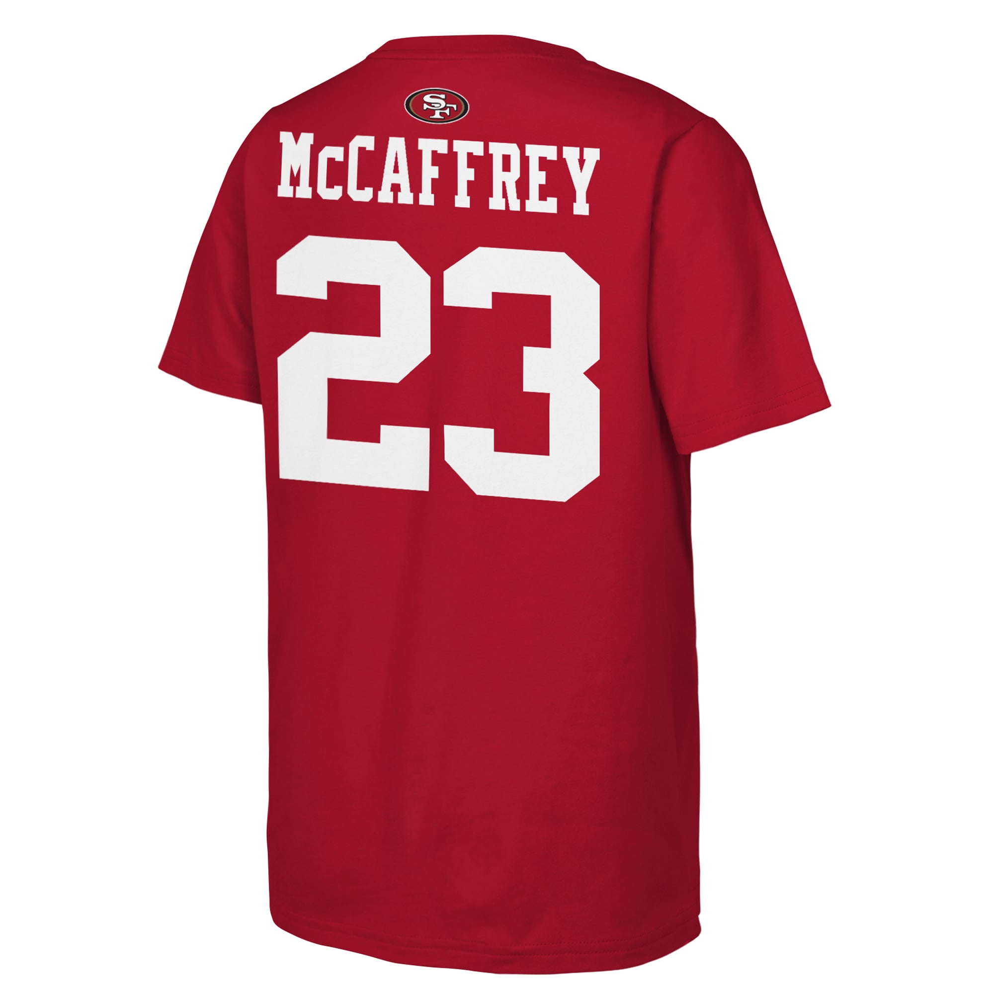 T-shirt Outerstuff pour jeunes, Christian McCaffrey, rouge écarlate, San Francisco 49ers, avec nom et numéro