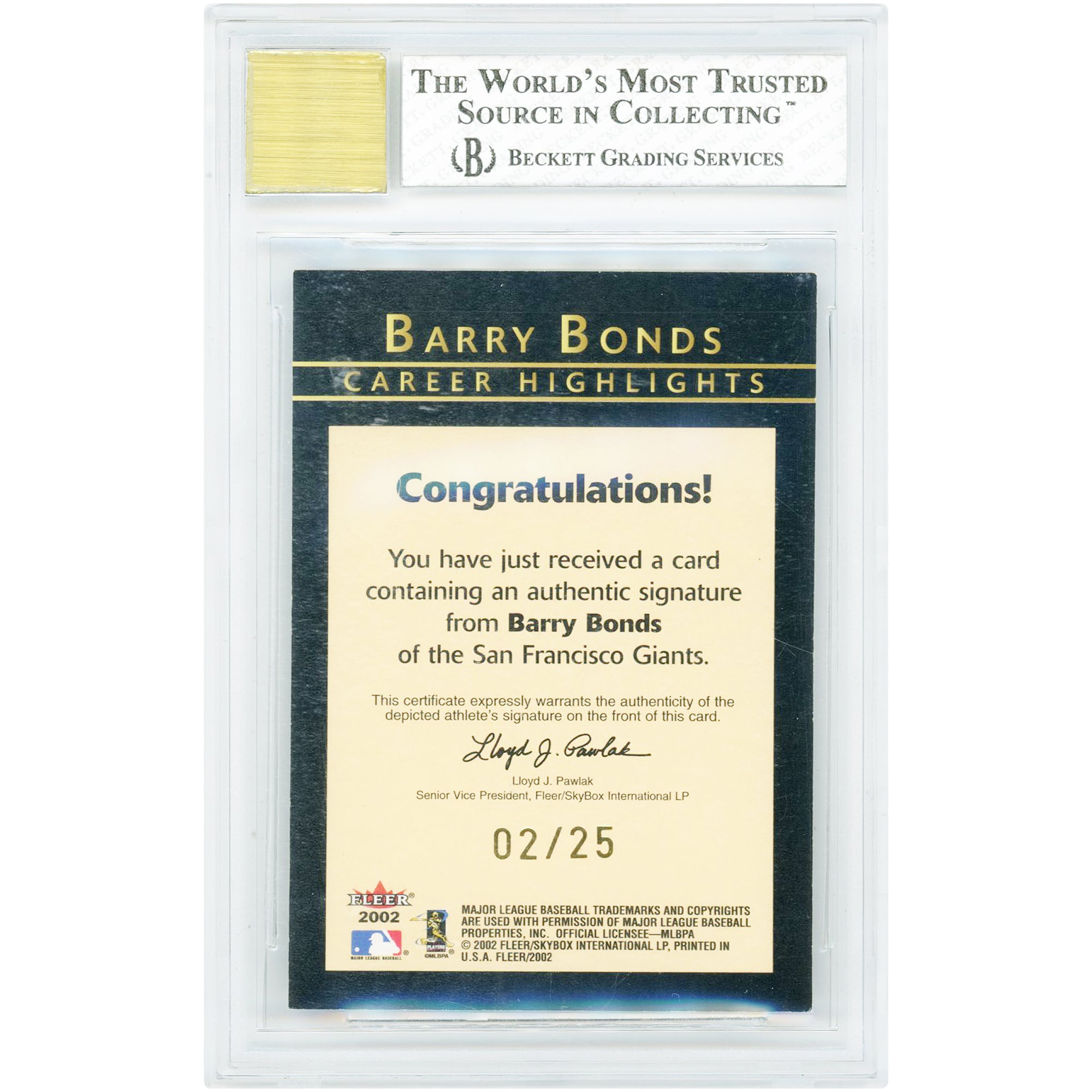 Carte autographiée de Barry Bonds (San Francisco Giants), série Fleer Career Highlights 2002, numéro 2, numéro 2/25, authentifiée par BGS (note 7,5/10 - sous-notes : 9,5, 7, 8,5, 9)