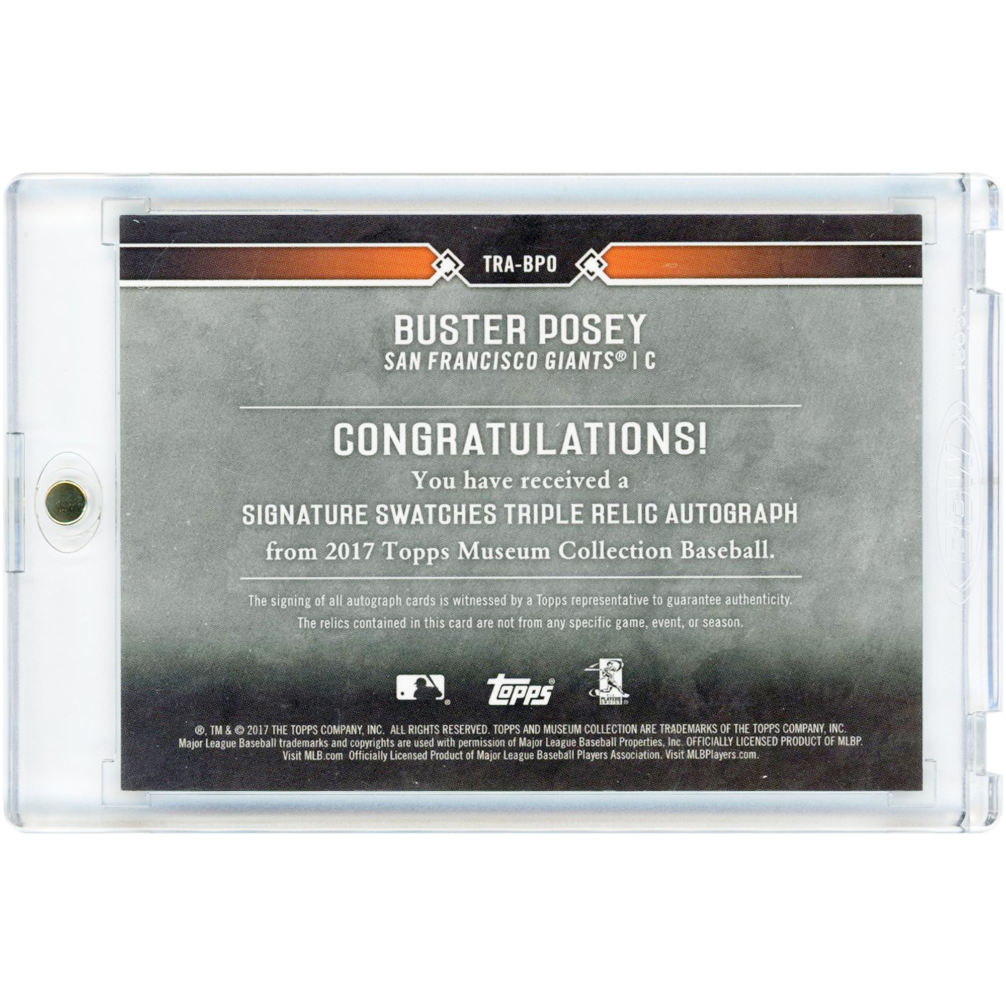 Carte autographiée de Buster Posey (San Francisco Giants) - Collection Topps Museum 2017 - Échantillons de maillot portés en match (triple signature) #TRA-BPO #34/35
