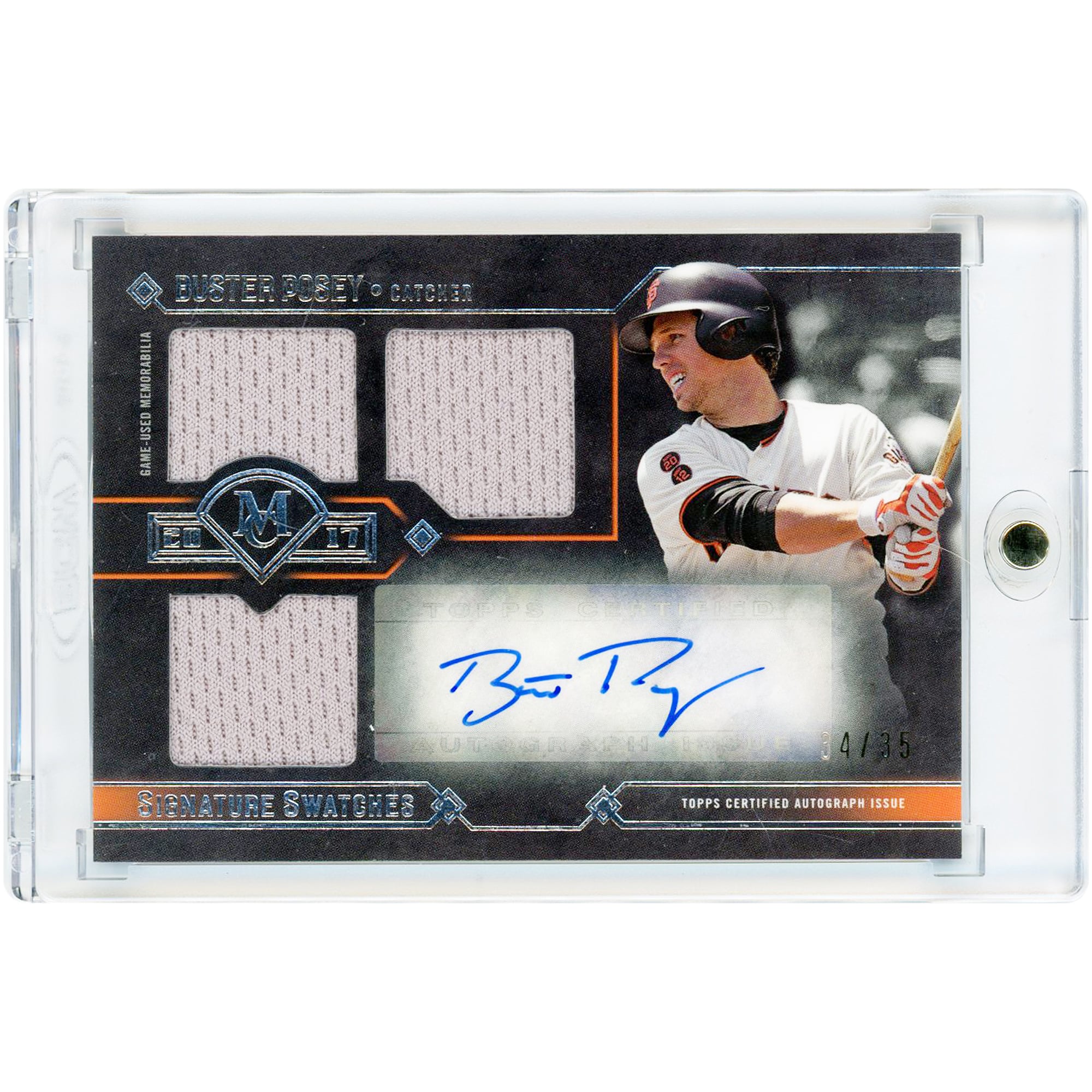 Carte autographiée de Buster Posey (San Francisco Giants) - Collection Topps Museum 2017 - Échantillons de maillot portés en match (triple signature) #TRA-BPO #34/35