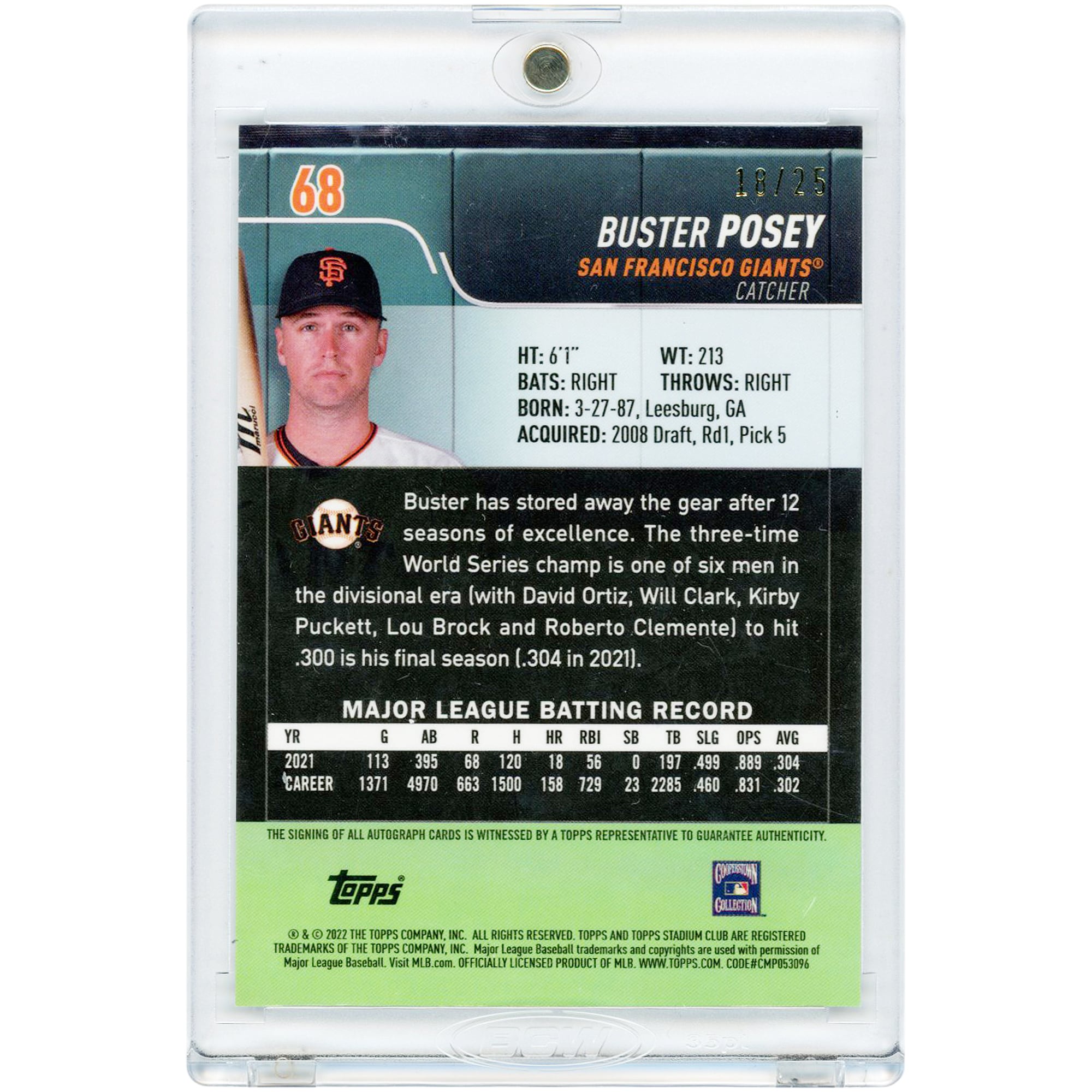 Carte autographiée Buster Posey des Giants de San Francisco, collection Topps Stadium Club Chrome Black 2022, n° 68, n° 18/25
