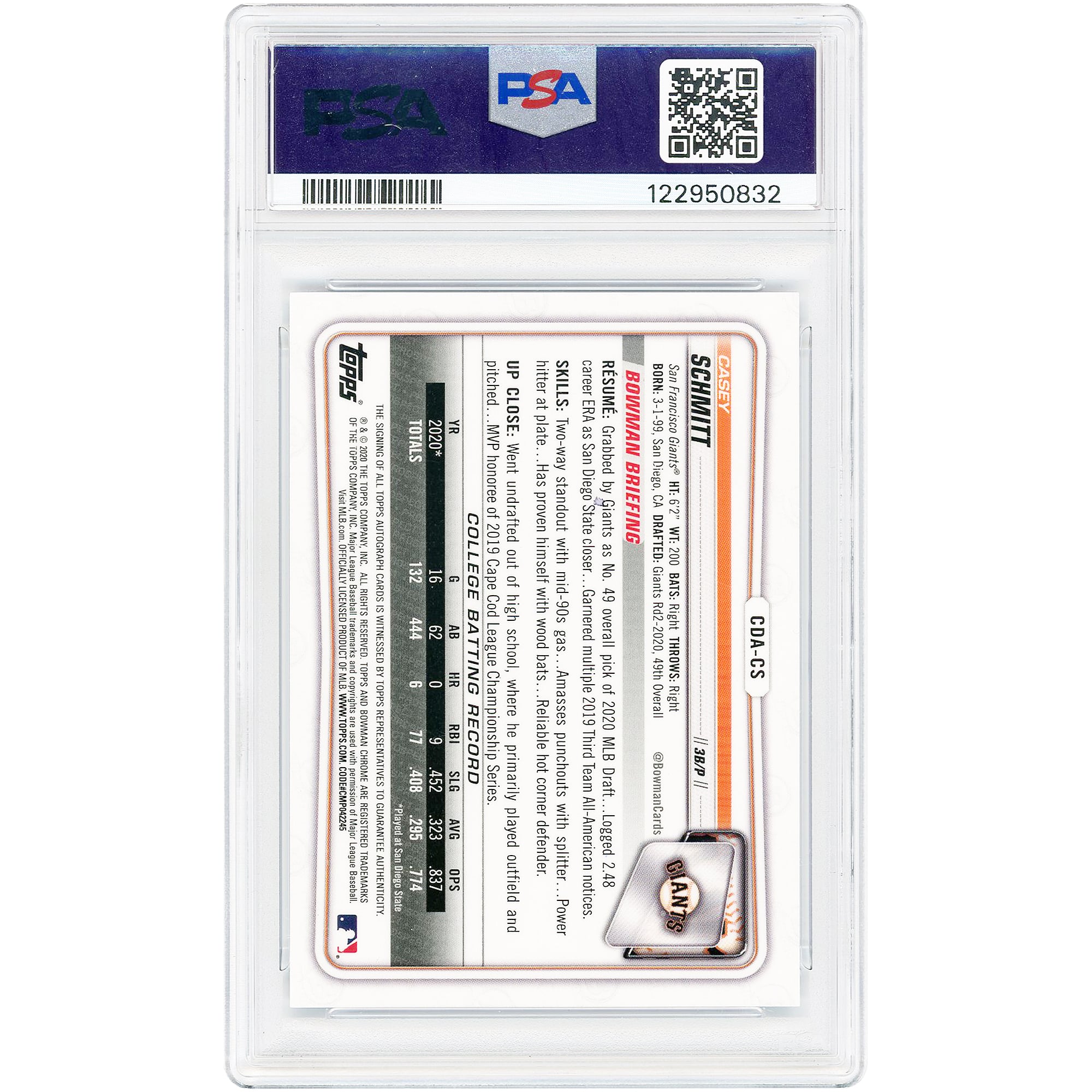 Casey Schmitt San Francisco Giants Autographed 2020 Bowman Draft Chrome Blue Wave Refractor #CDA-CS #111/150 PSA Authenticated 10 Card