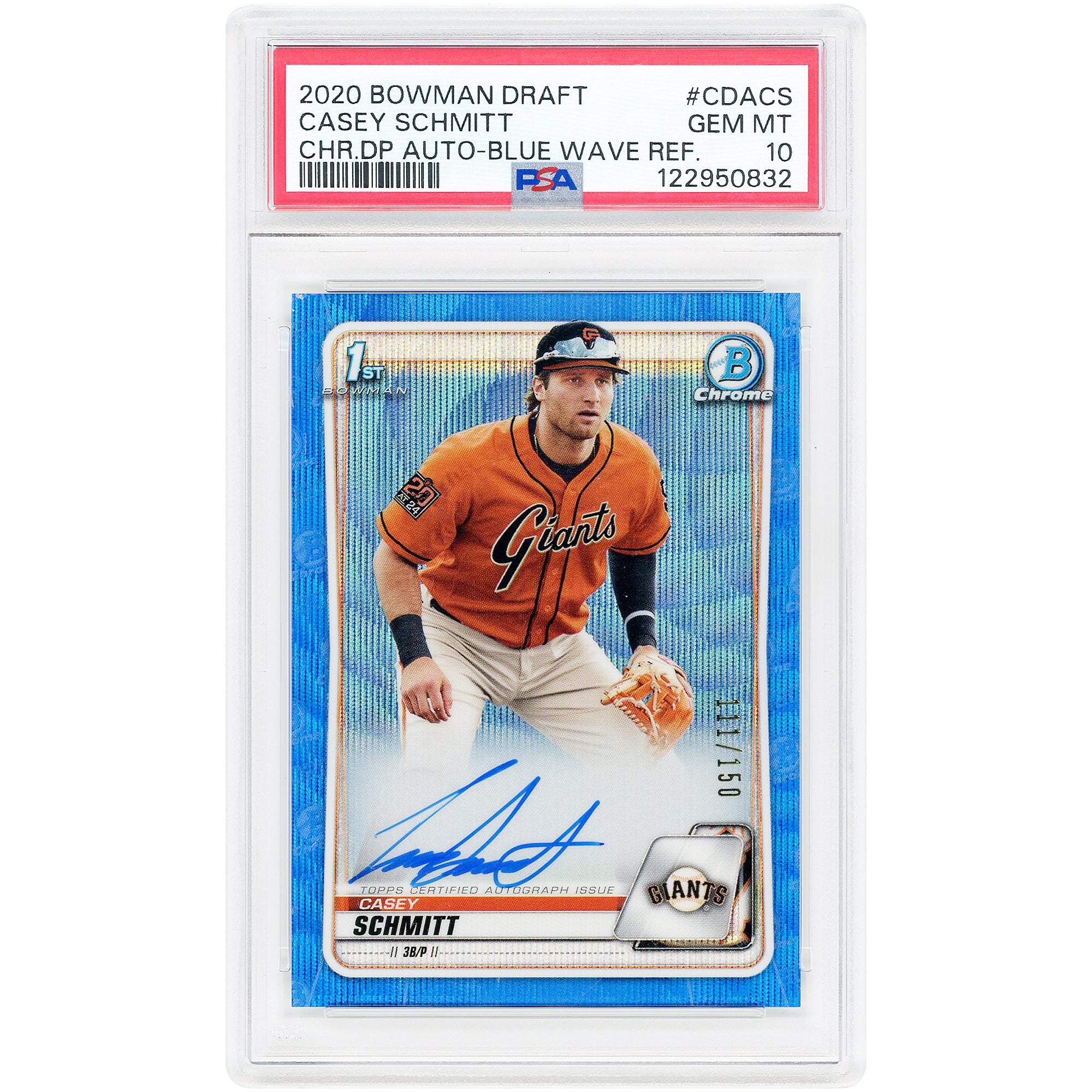 Casey Schmitt San Francisco Giants Autographed 2020 Bowman Draft Chrome Blue Wave Refractor #CDA-CS #111/150 PSA Authenticated 10 Card