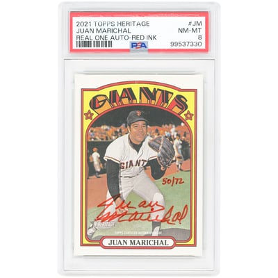 Juan Marichal San Francisco Giants Autographed 2021 Topps Heritage Real One Red Ink #ROA-JM #50/72 PSA Authenticated 8 Card