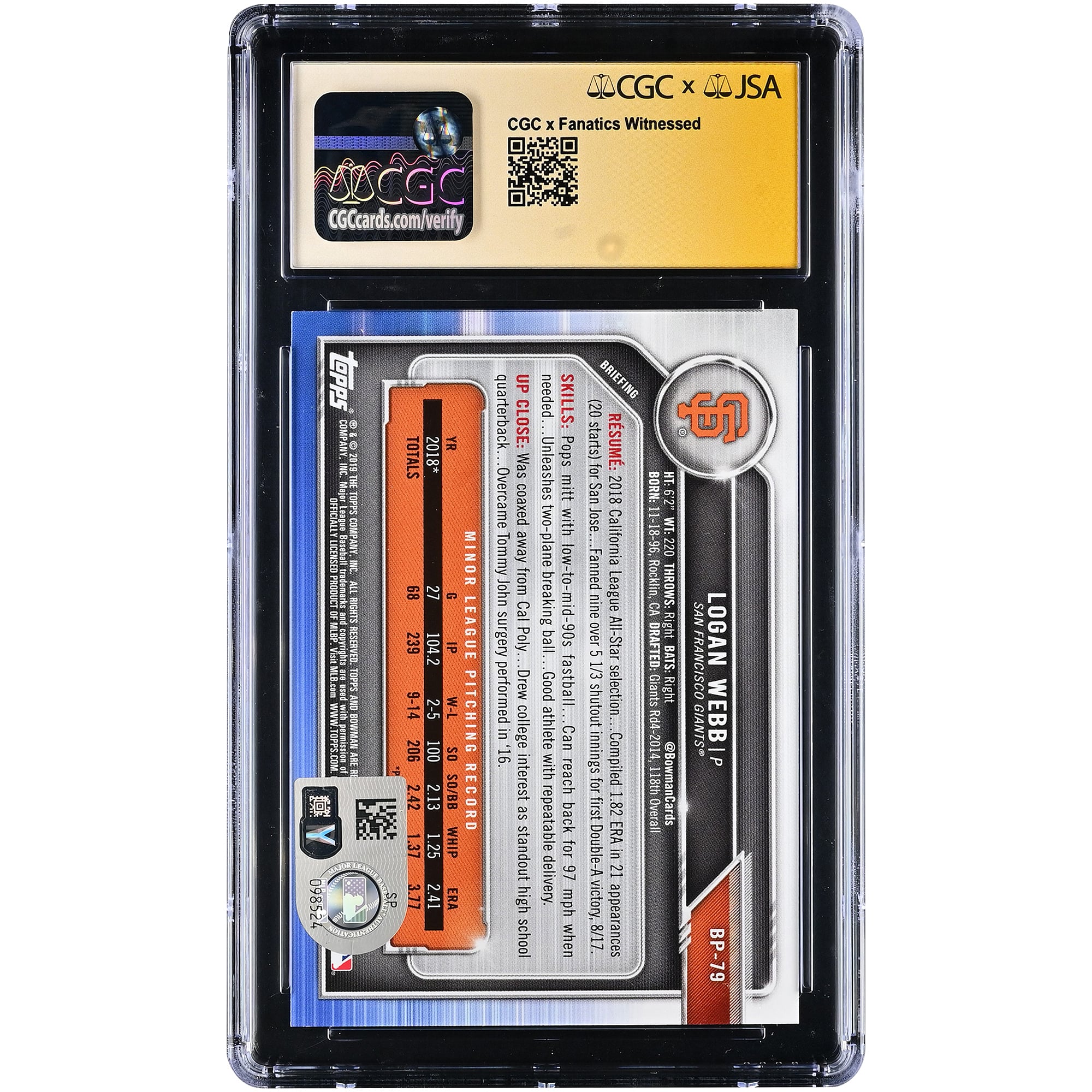 Carte autographiée de Logan Webb (San Francisco Giants), collection Bowman Prospects 2019, numéro BP-79, certifiée 10/10 par Fanatics Witnessed (CGC).