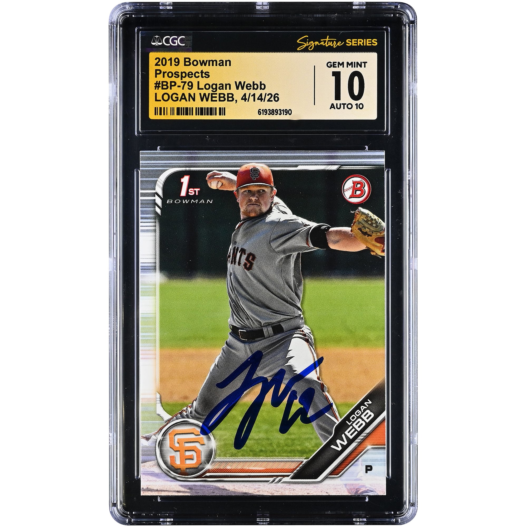 Carte autographiée de Logan Webb (San Francisco Giants), collection Bowman Prospects 2019, numéro BP-79, certifiée 10/10 par Fanatics Witnessed (CGC).