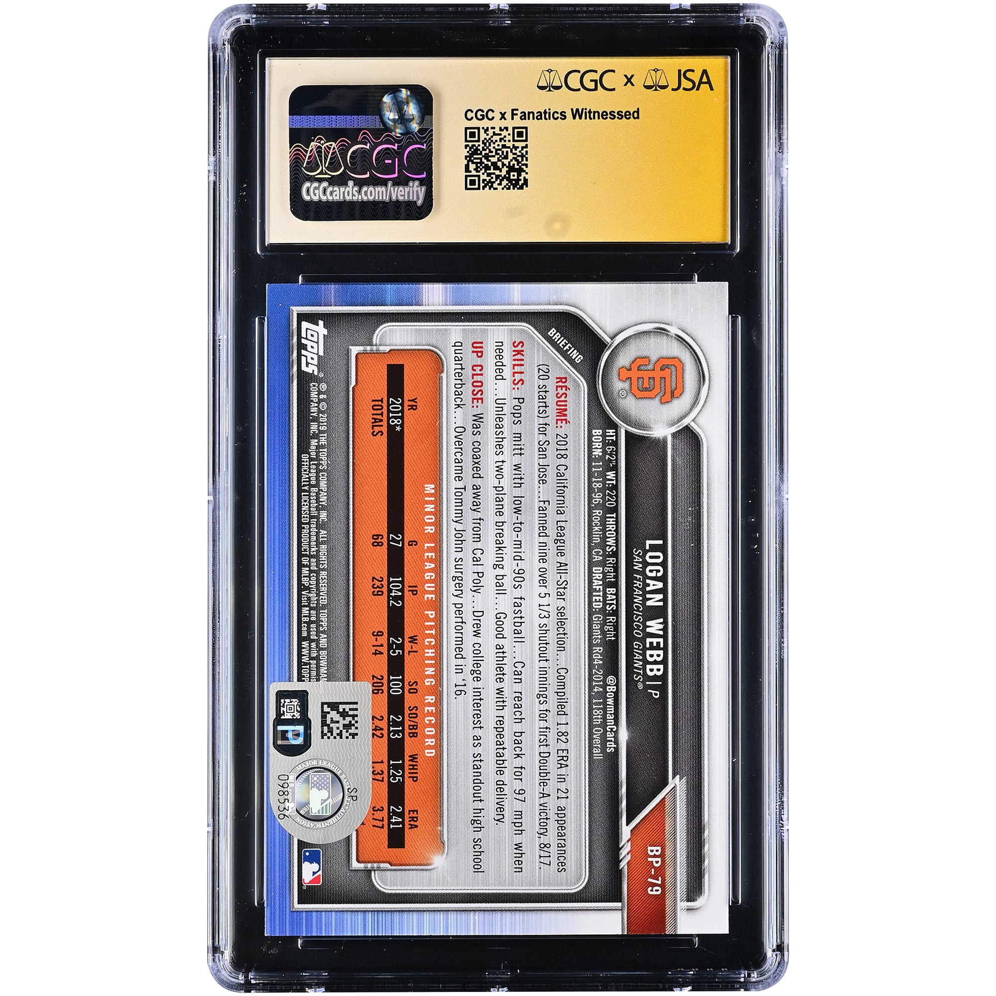 Carte autographiée de Logan Webb (San Francisco Giants), collection Bowman Prospects 2019, numéro BP-79, authentifiée par Fanatics Witnessed (CGC), état 9,5/10.
