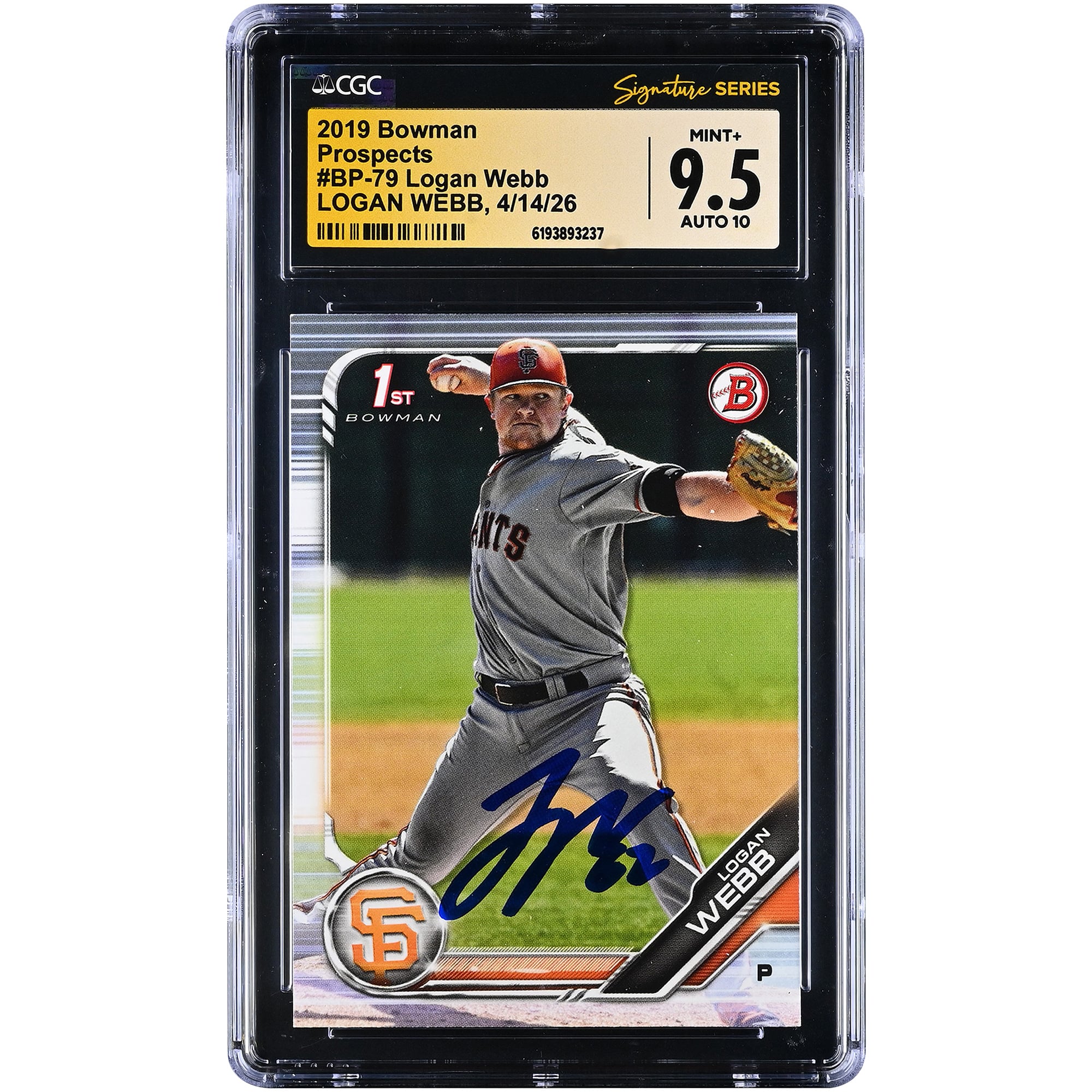 Carte autographiée de Logan Webb (San Francisco Giants), collection Bowman Prospects 2019, numéro BP-79, authentifiée par Fanatics Witnessed (CGC), état 9,5/10.