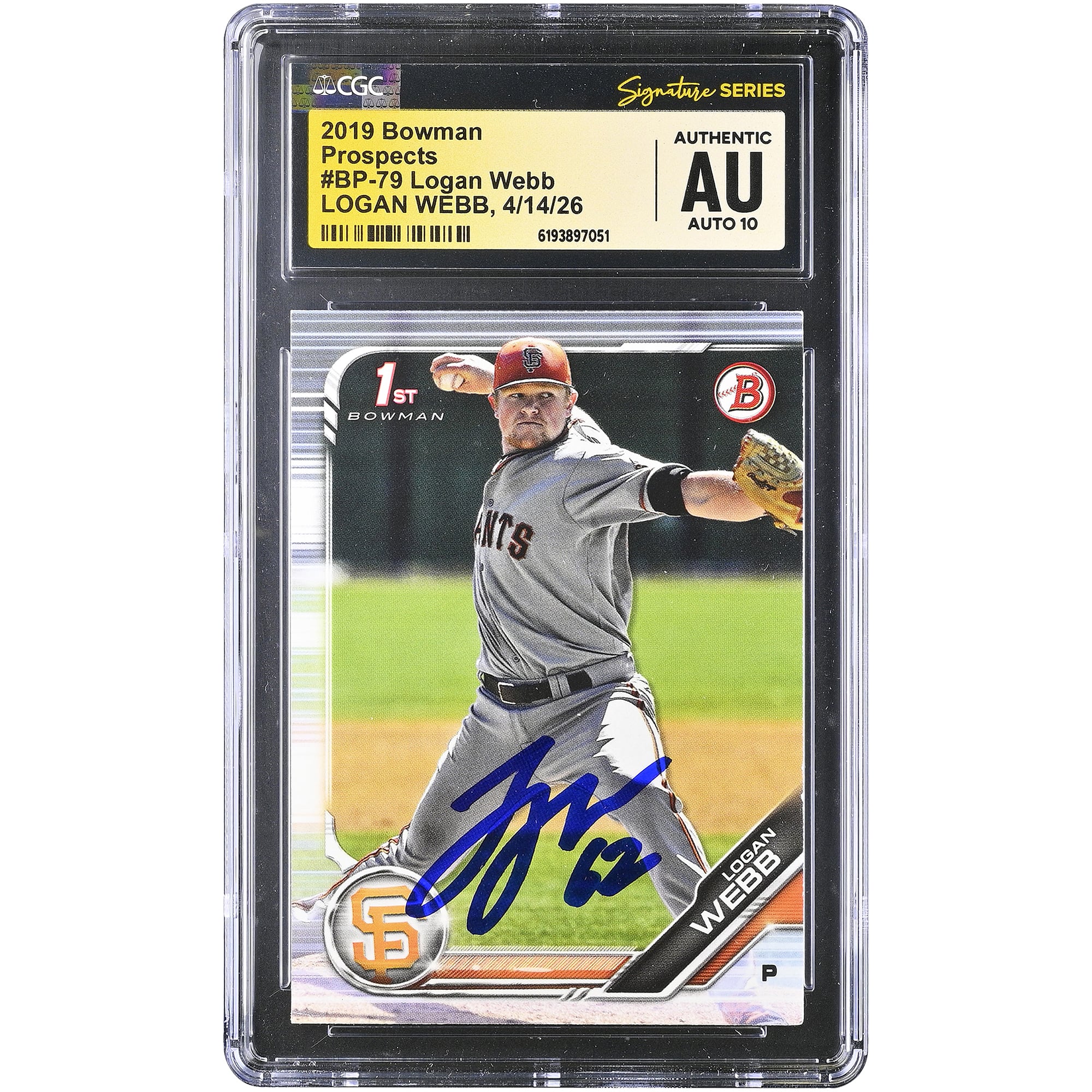 Carte autographiée de Logan Webb (San Francisco Giants) - Bowman Prospects 2019 #BP-79 - CGC Fanatics Witnessed - AUTO 10