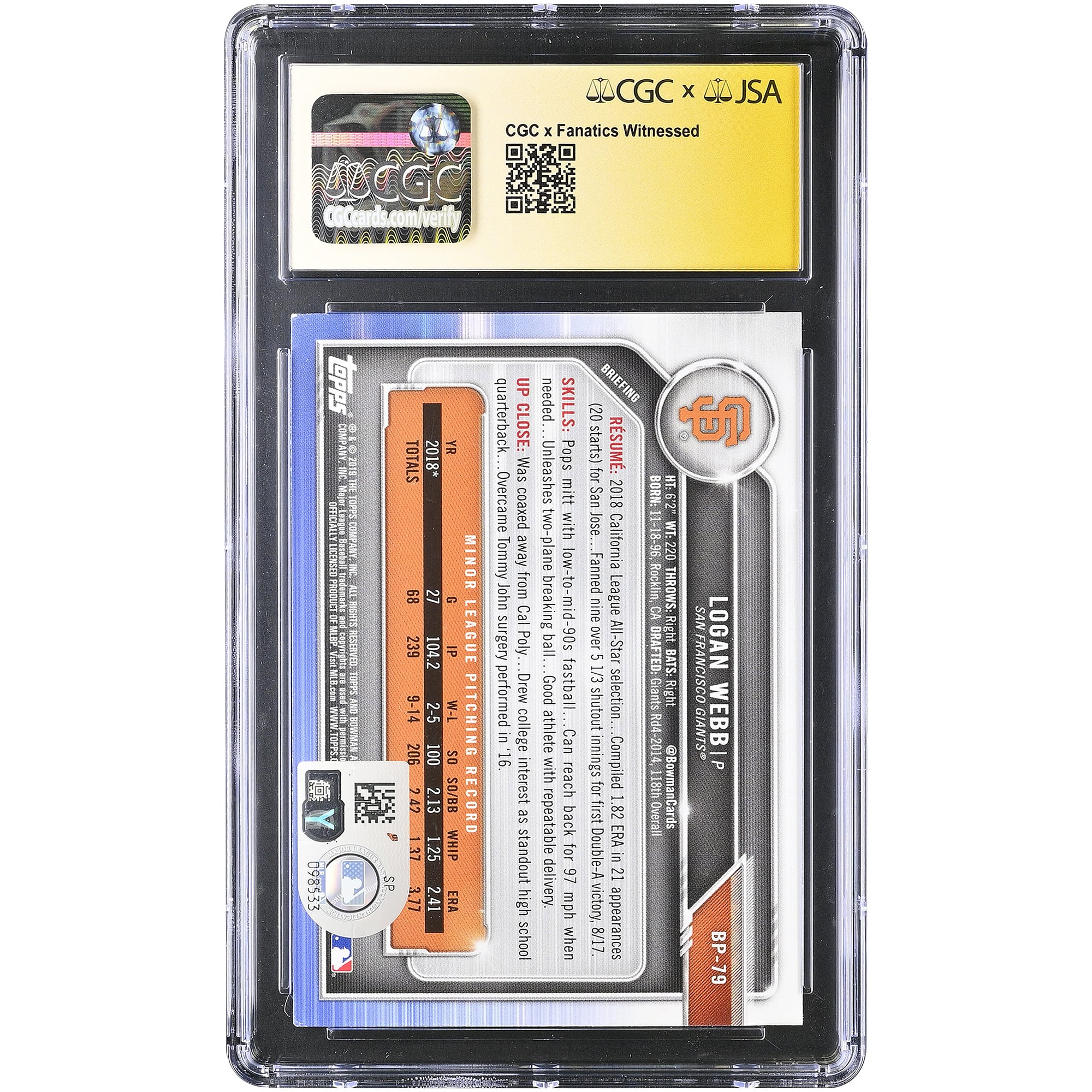 Carte autographiée de Logan Webb (San Francisco Giants) - Bowman Prospects 2019 #BP-79 - CGC Fanatics Witnessed - AUTO 10