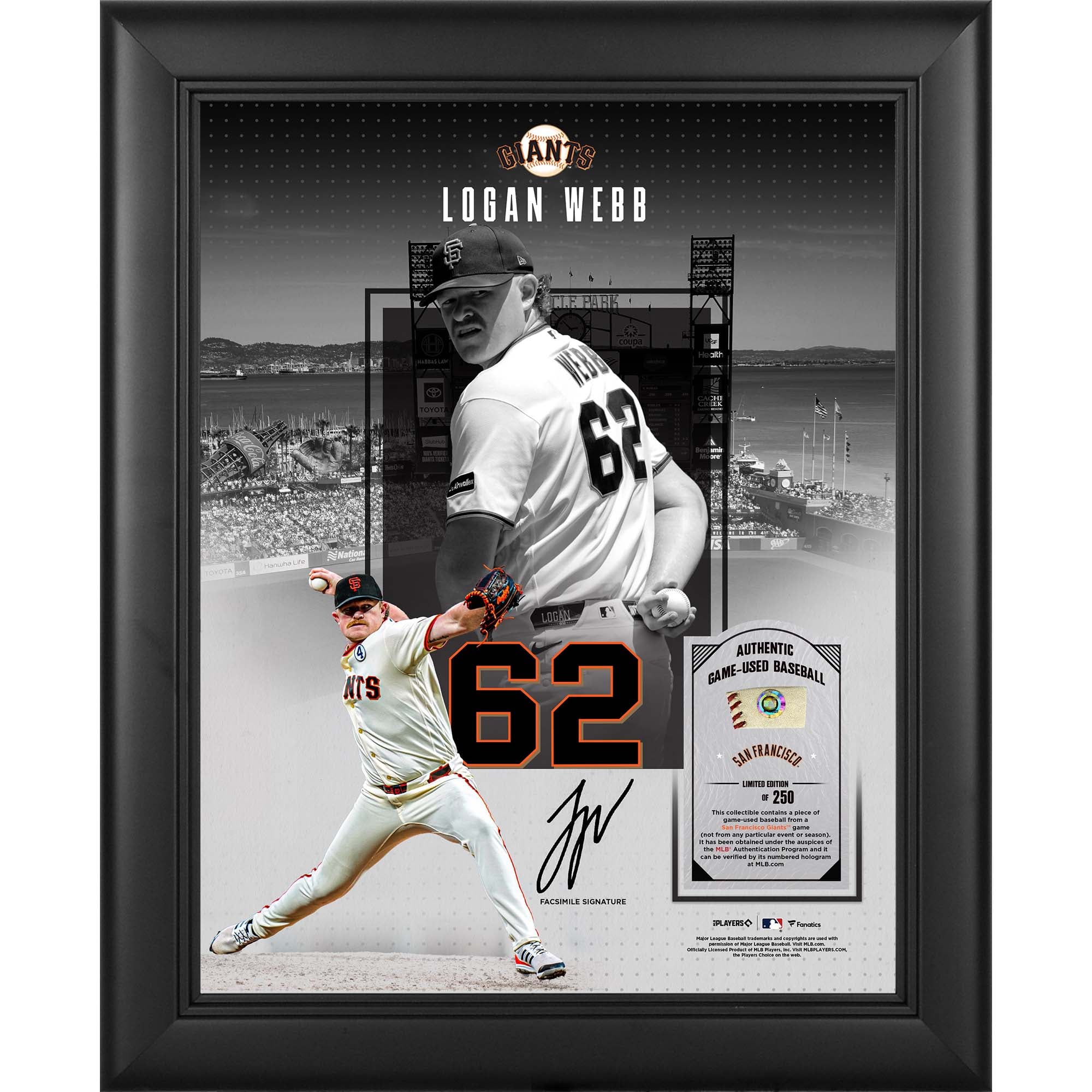 Collage encadré 11" x 14" de Logan Webb (San Francisco Giants) avec un morceau de balle utilisée en match - Édition limitée à 250 exemplaires
