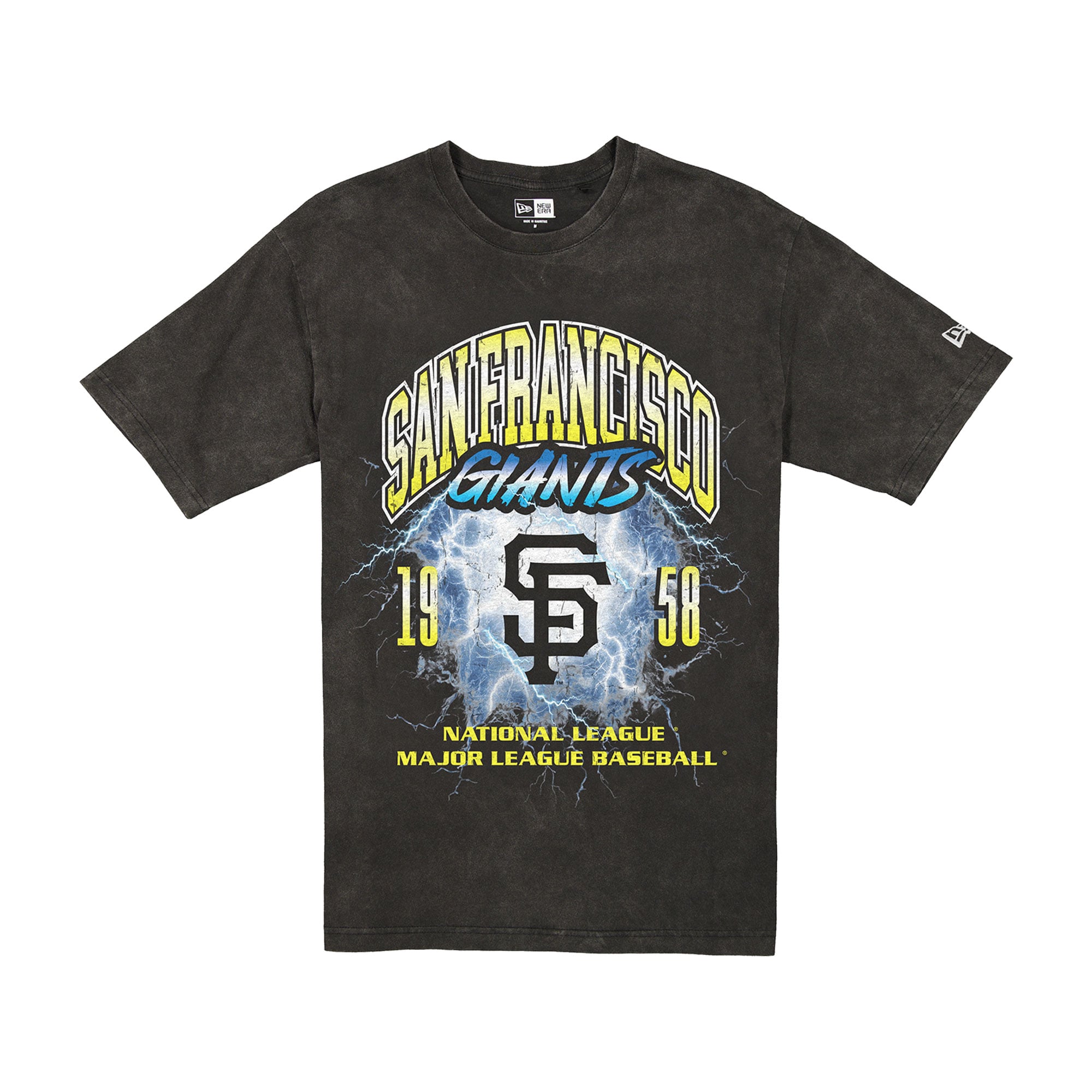 T-shirt New Era noir pour homme, motif éclair des Giants de San Francisco, délavage minéral