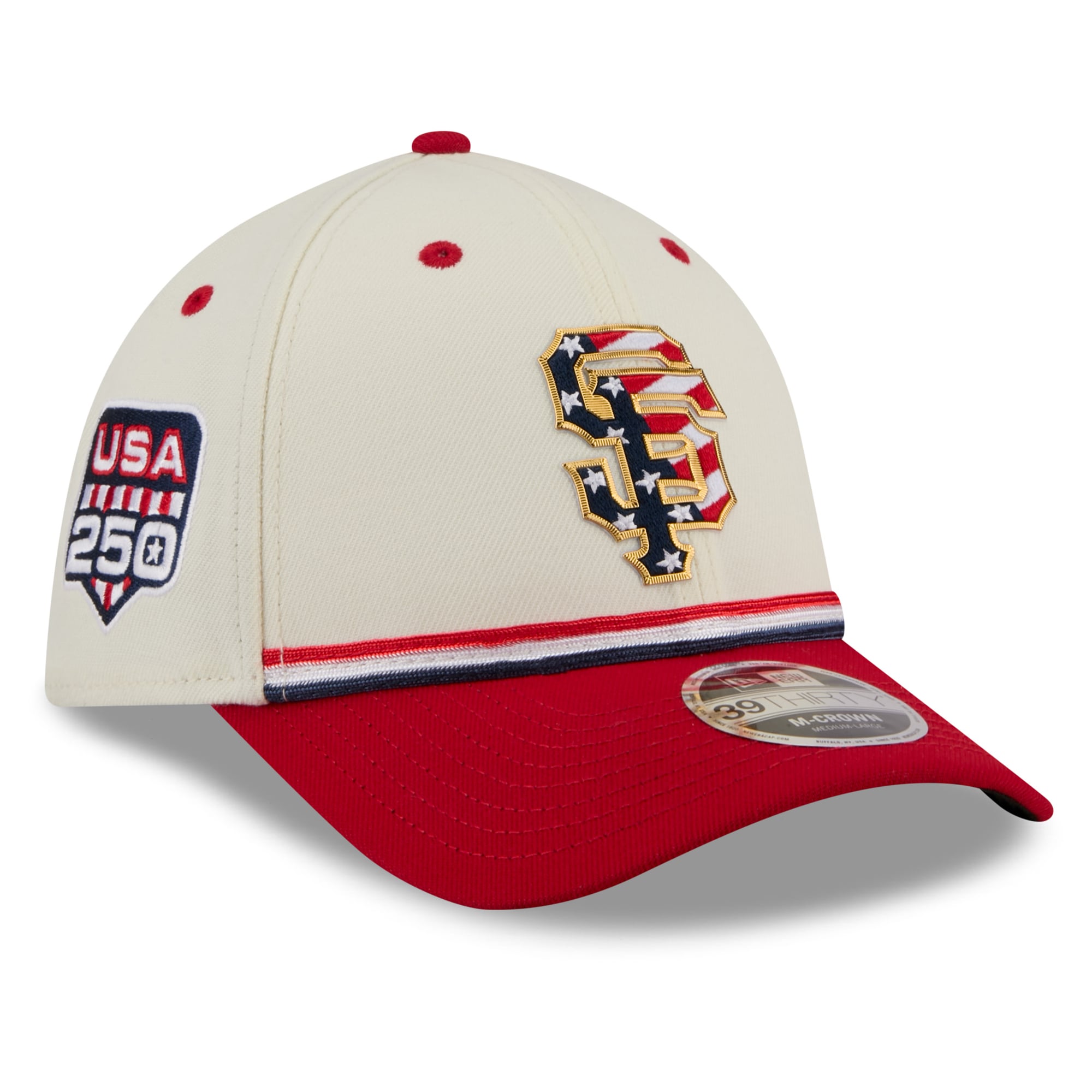Casquette New Era pour homme, crème/rouge, San Francisco Giants USA 250, édition spéciale 4 juillet, modèle 39THIRTY M-Crown Flex