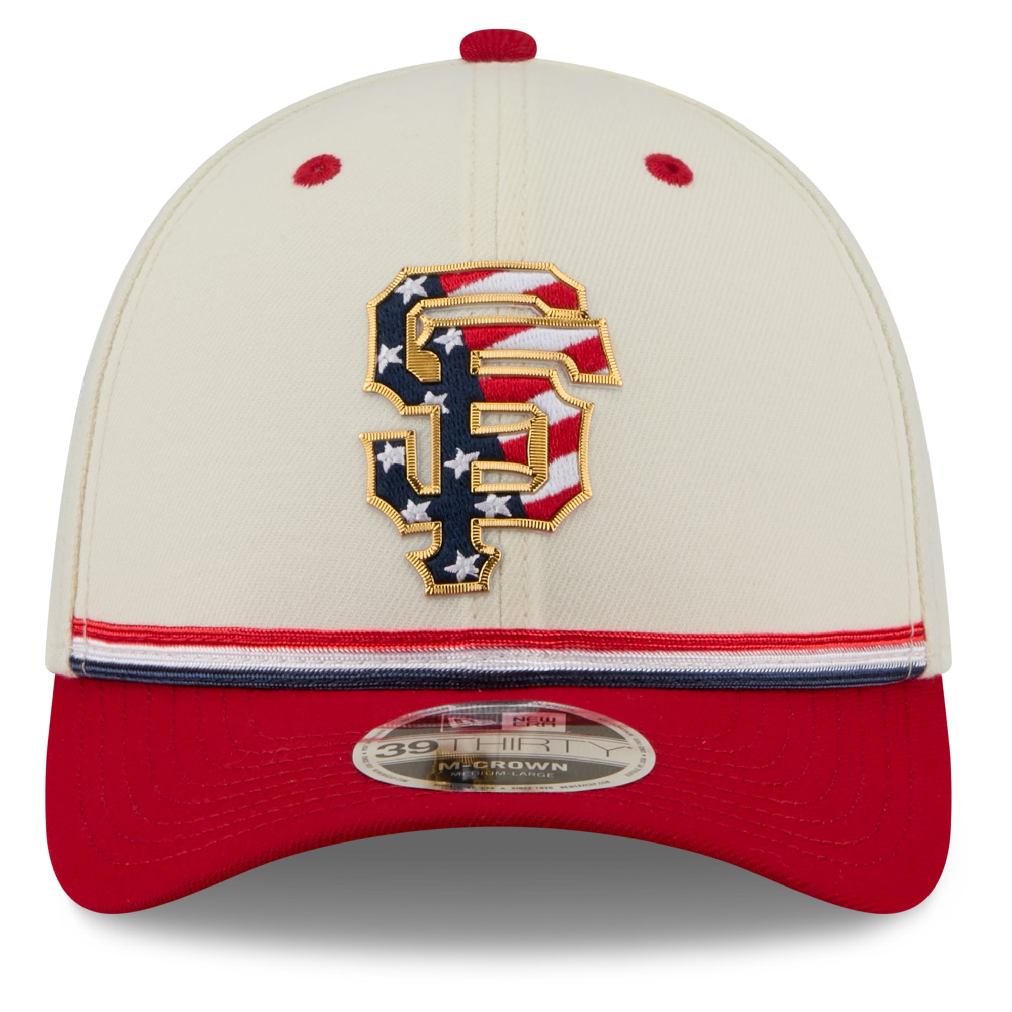 Casquette New Era pour homme, crème/rouge, San Francisco Giants USA 250, édition spéciale 4 juillet, modèle 39THIRTY M-Crown Flex