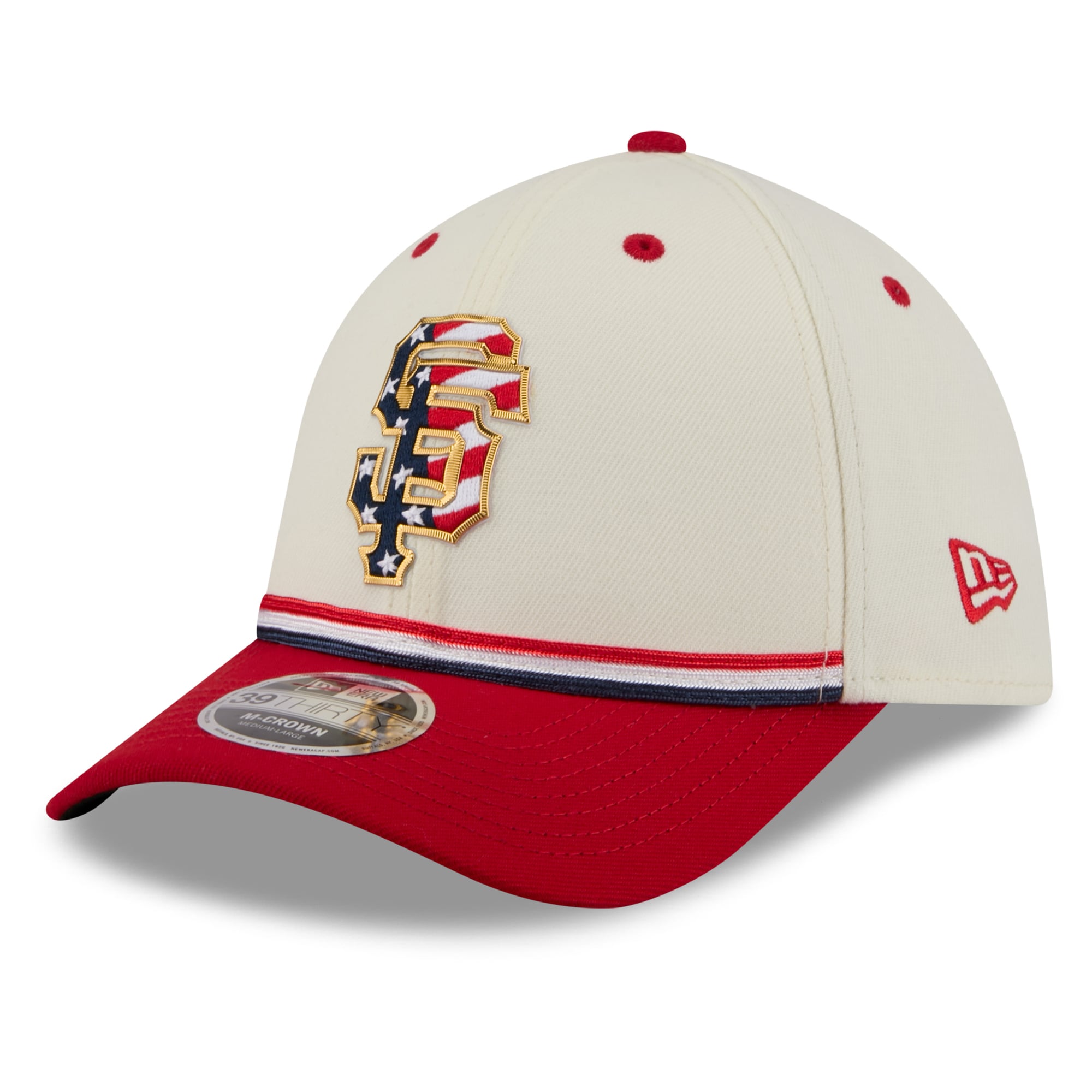 Casquette New Era pour homme, crème/rouge, San Francisco Giants USA 250, édition spéciale 4 juillet, modèle 39THIRTY M-Crown Flex
