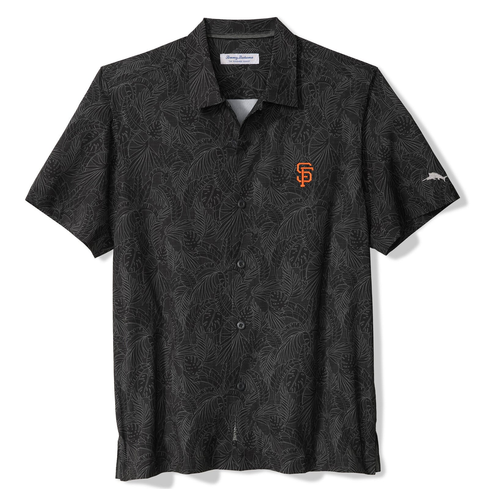 Chemise boutonnée Tommy Bahama IslandZone noire pour homme, motif San Francisco Giants et Saltwater Fronds