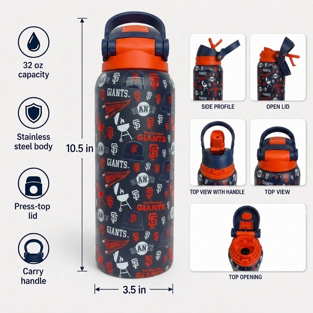Gourde Pegasus San Francisco Giants 32 oz en acier inoxydable ProPress avec fanion pour les jours de match
