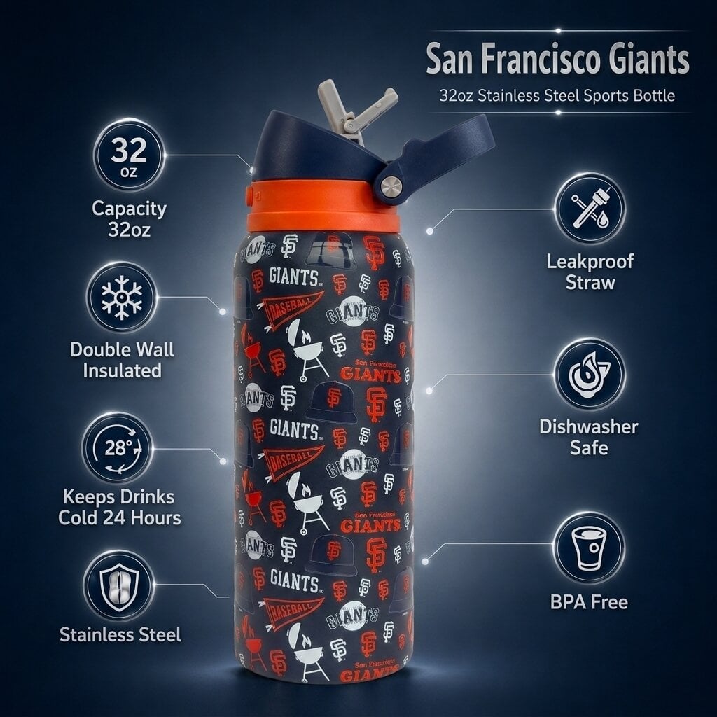 Gourde Pegasus San Francisco Giants 32 oz en acier inoxydable ProPress avec fanion pour les jours de match