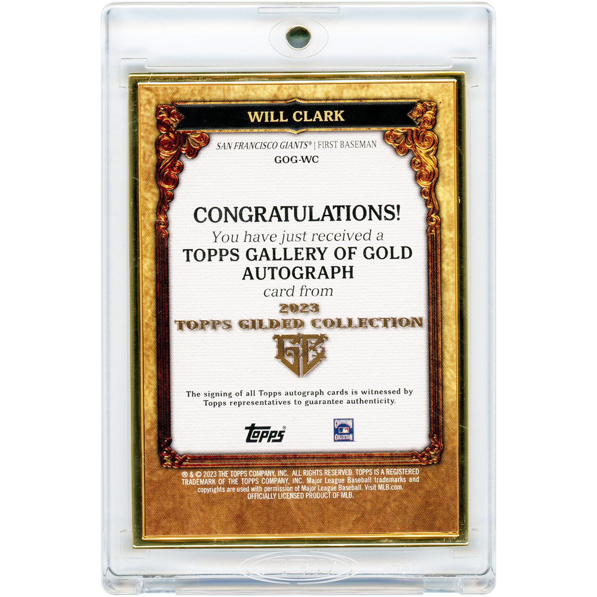 Carte autographiée par Will Clark des Giants de San Francisco, collection Topps Gilded 2023, cadre Gallery of Gold #GOG-WC #10/50